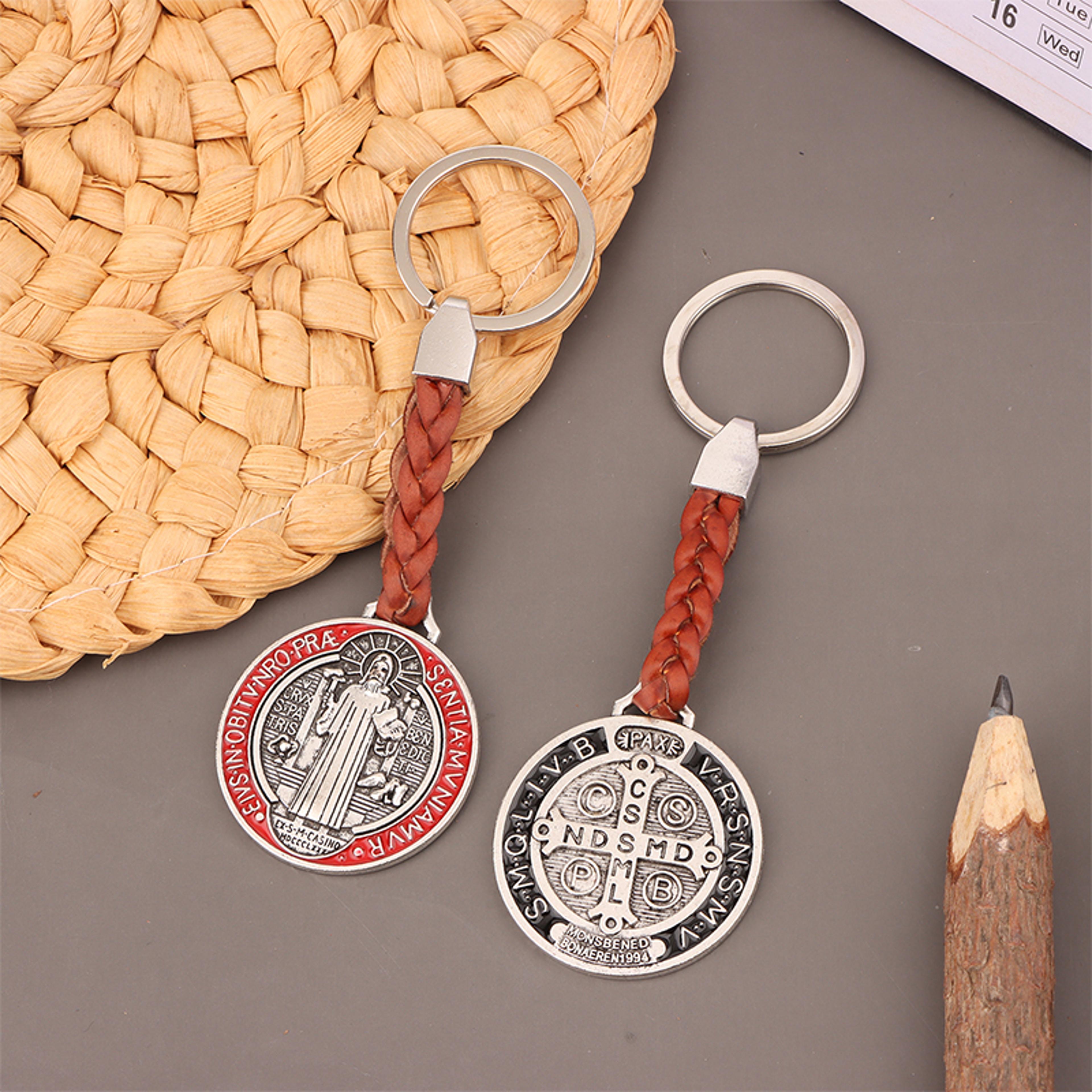 vintage saint benedict pu leather keychain religious gift