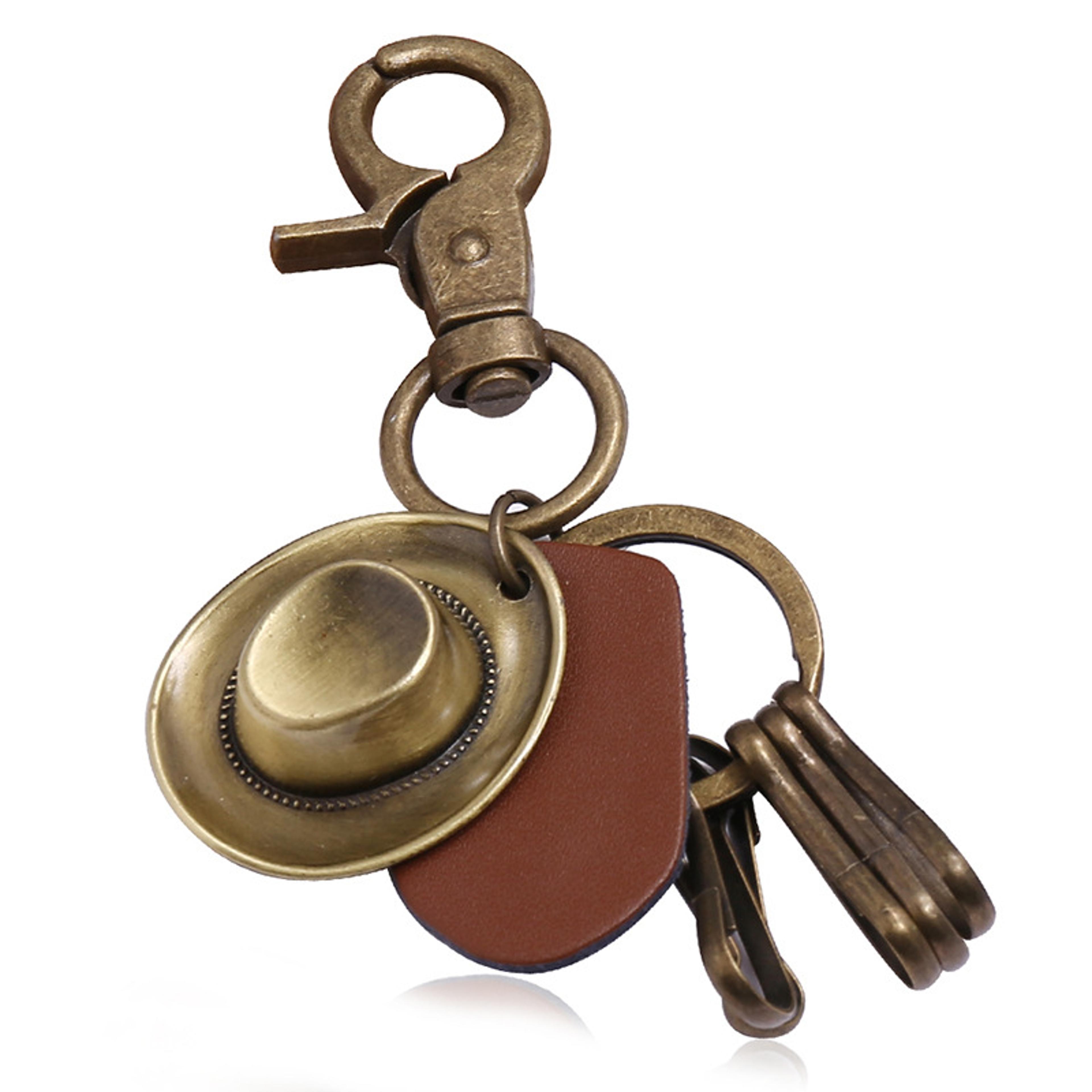retro cowboy hat keychain bronze metal cowhide car pendant