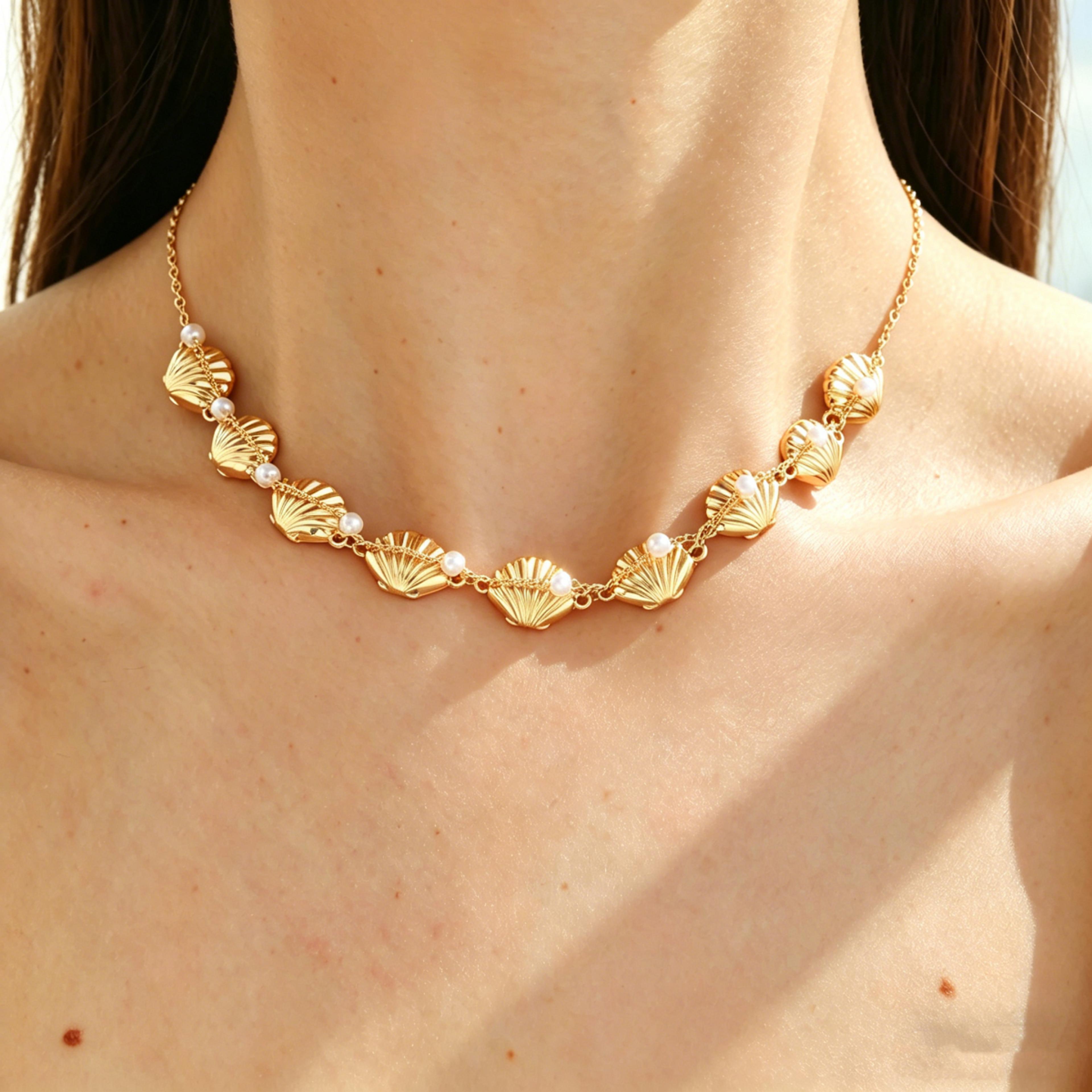 golden shell choker necklace with pearls for summer beach