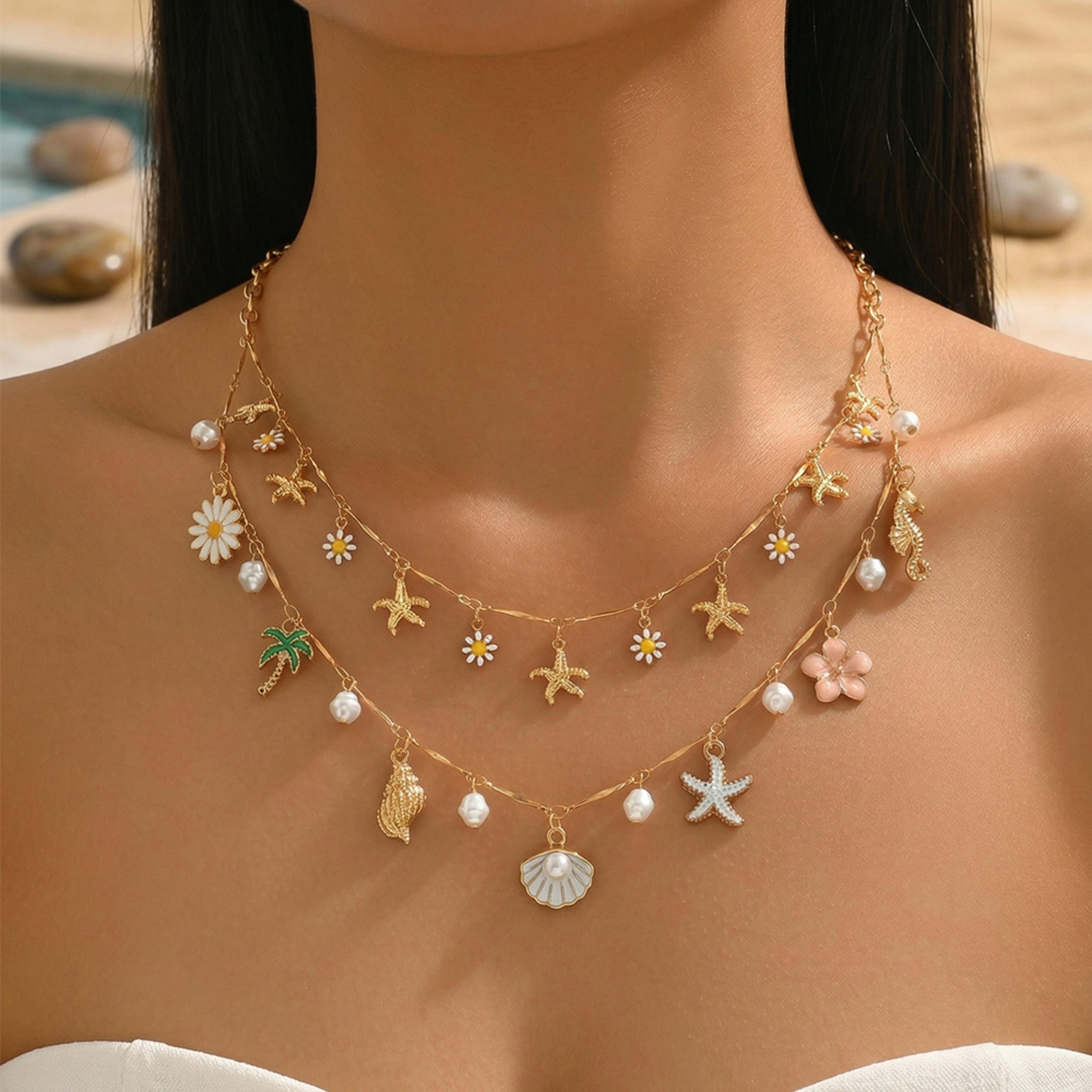 golden summer layered daisy & pearl beach necklace