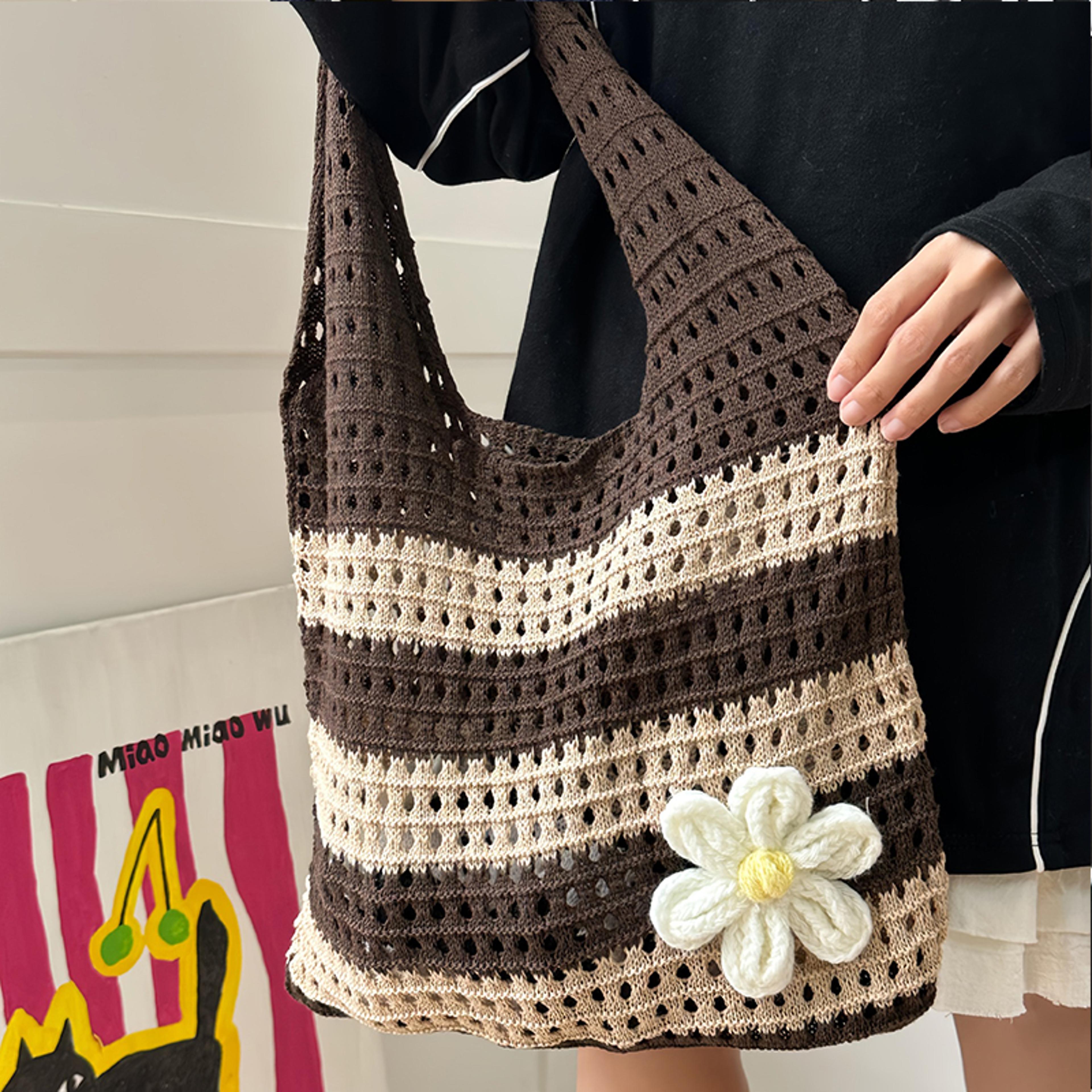 aesthetic contrast stripe knit tote bag
