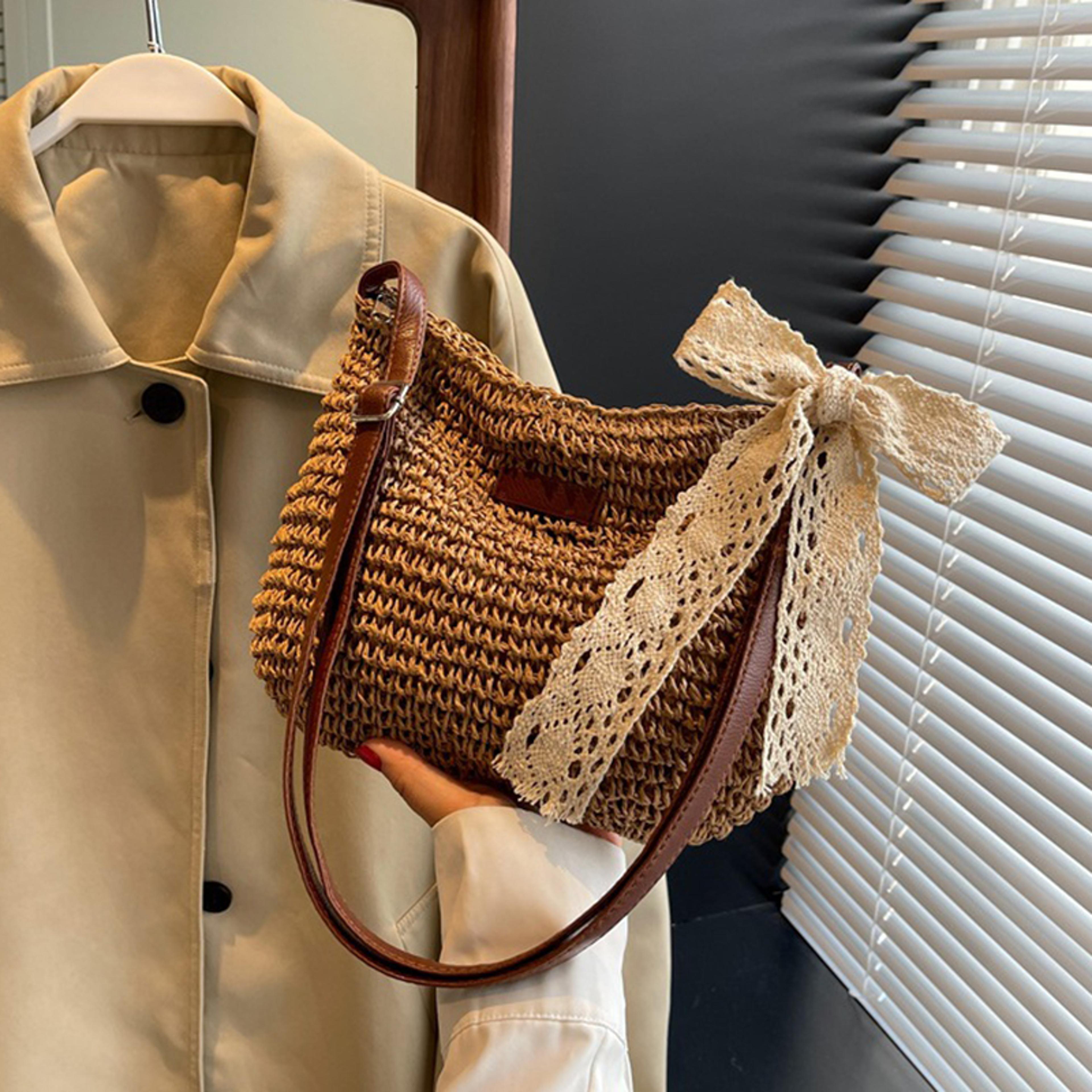 handmade bohemian straw beach bag and casual woven tote