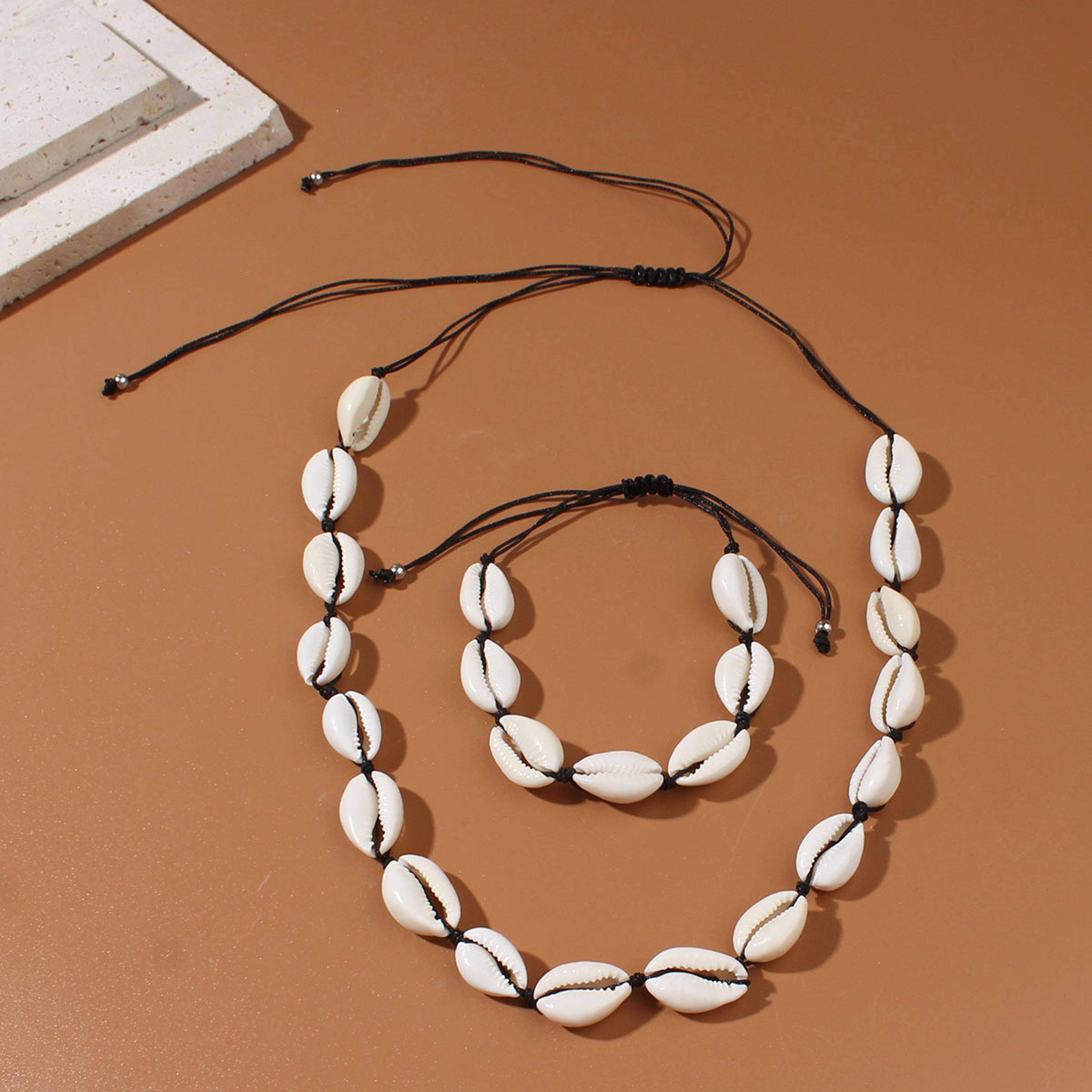 coastal shell necklace and handwoven bracelet set