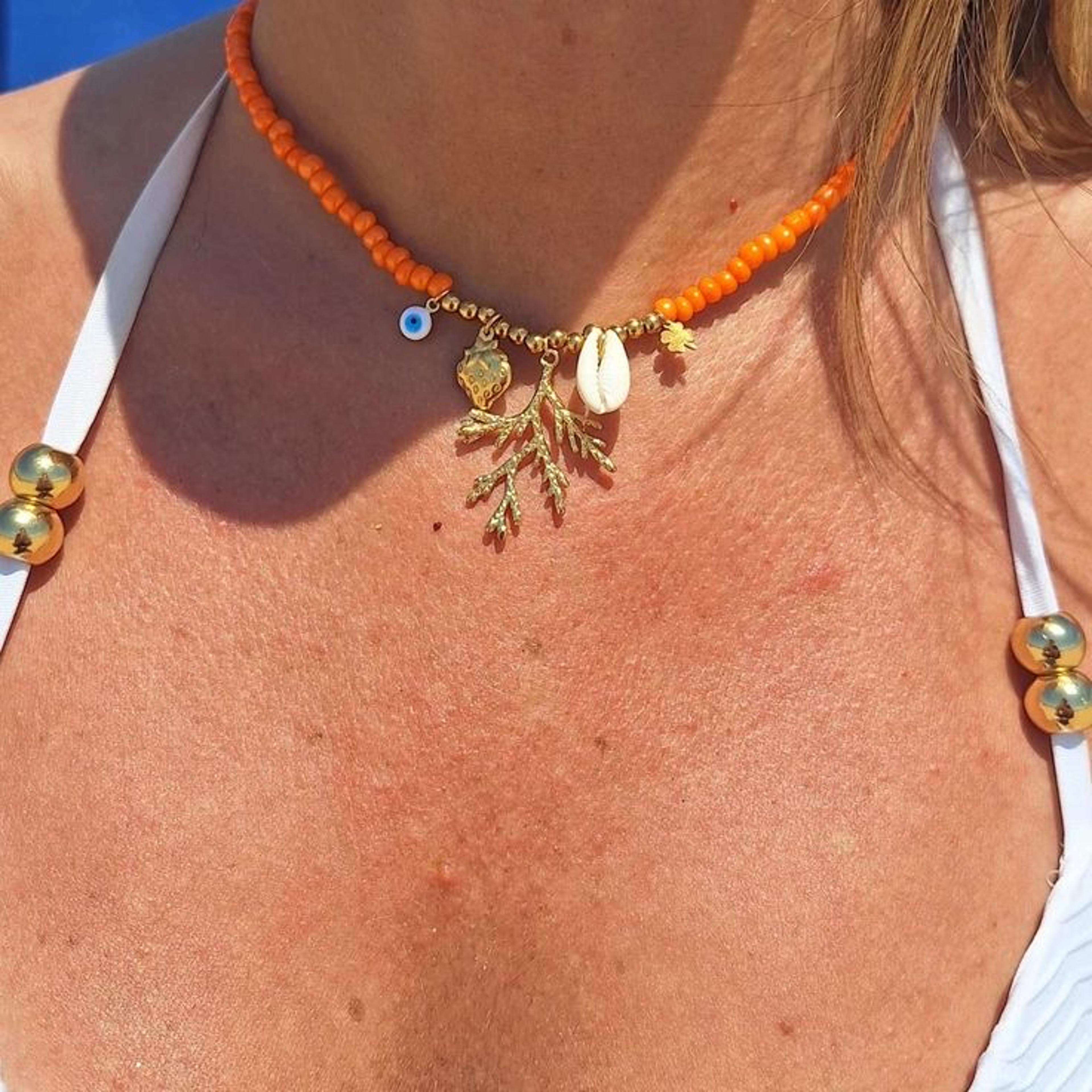 bohemian shell strawberry evil eye pendant necklace