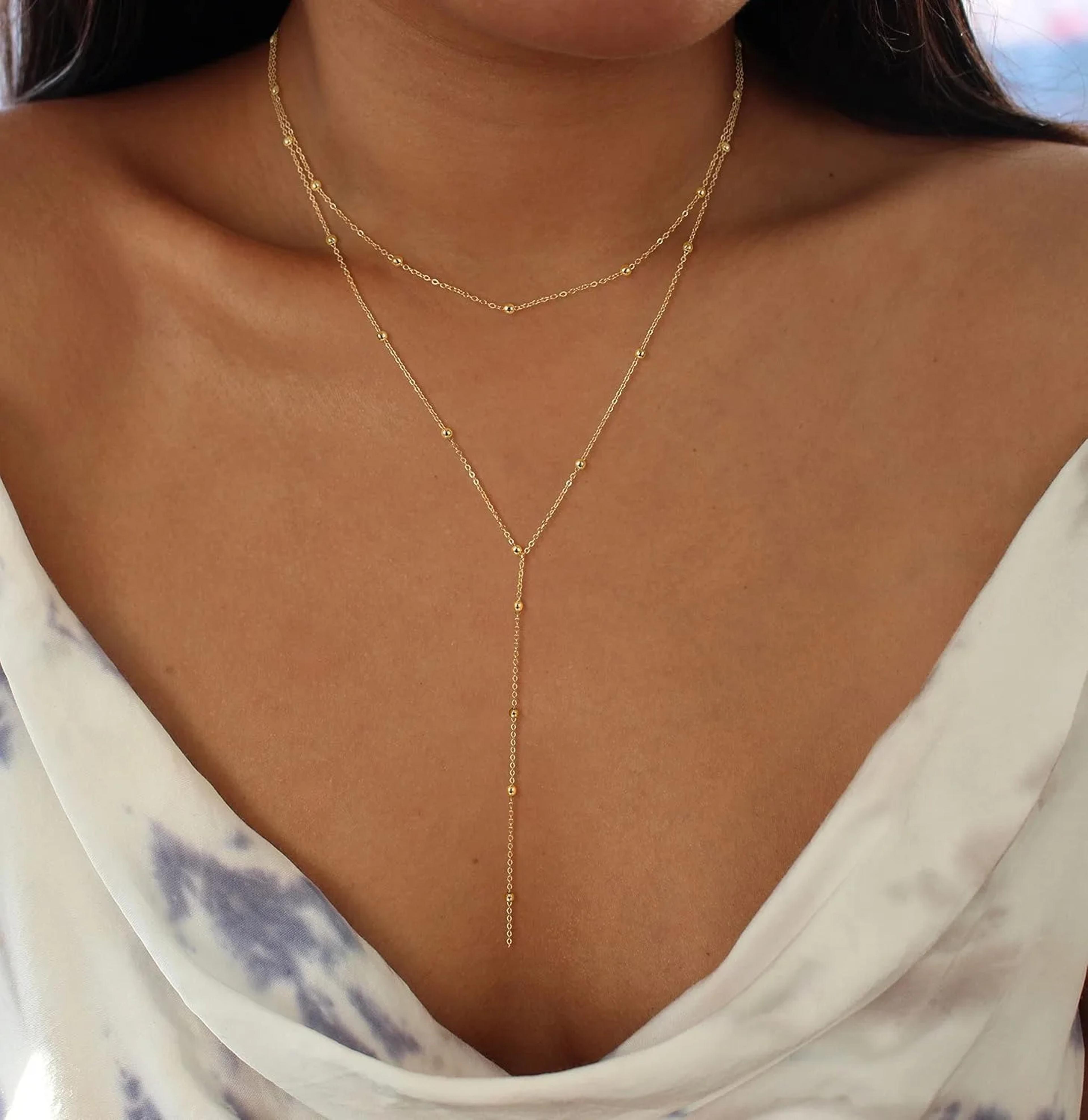 gold y-shaped layered beaded pendant necklace for women
