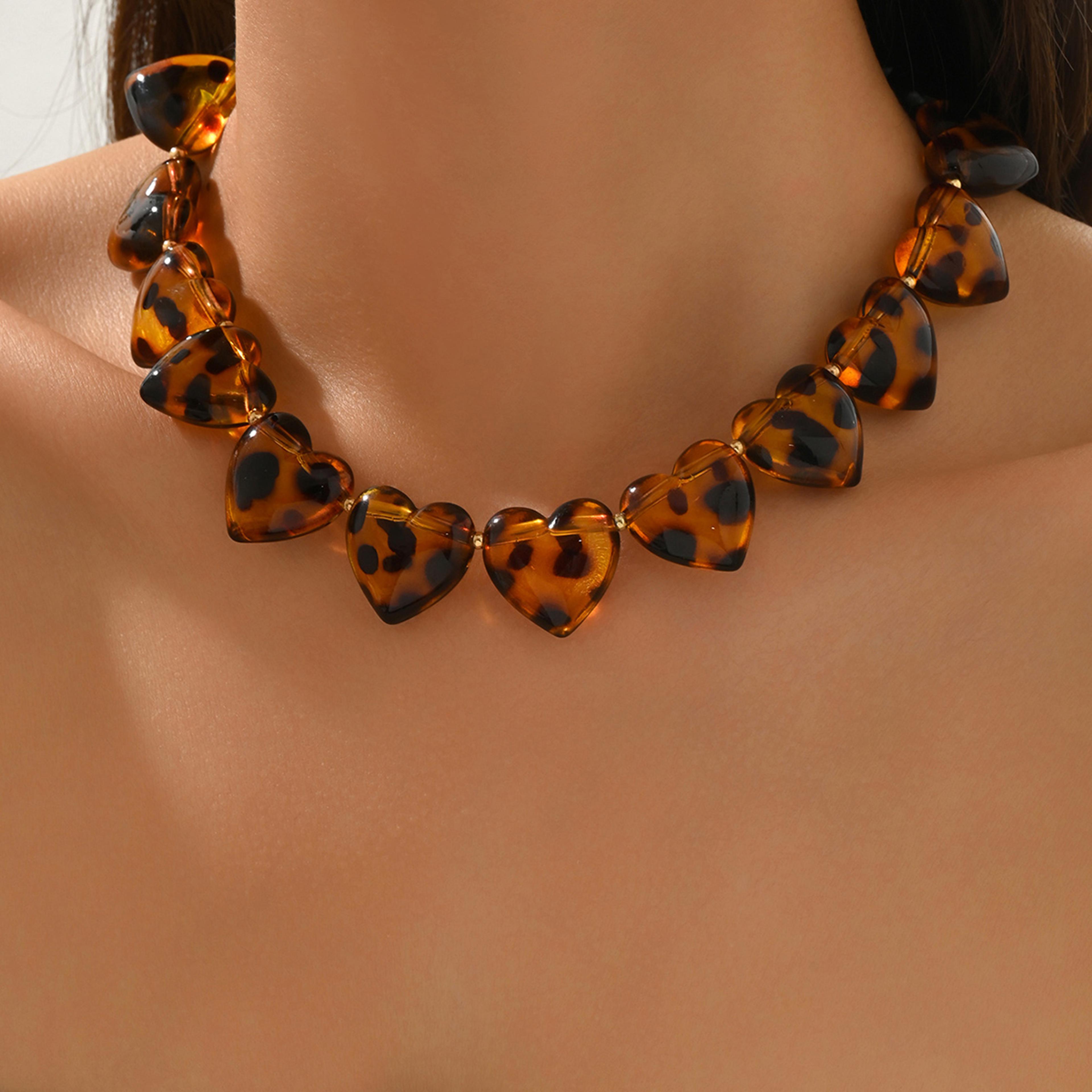 leopard print heart beaded choker necklace