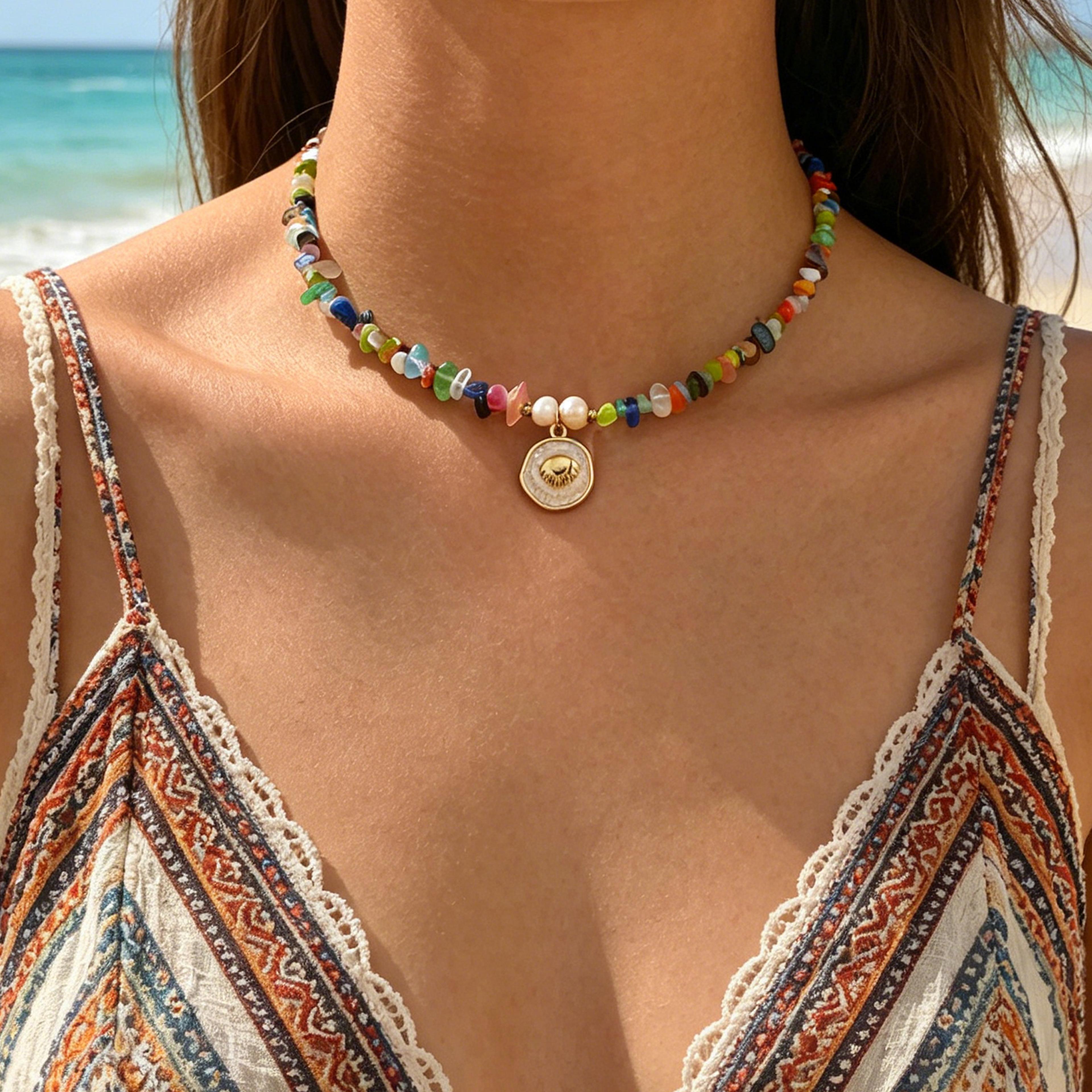 colorful chip stone choker necklace with shell pendant