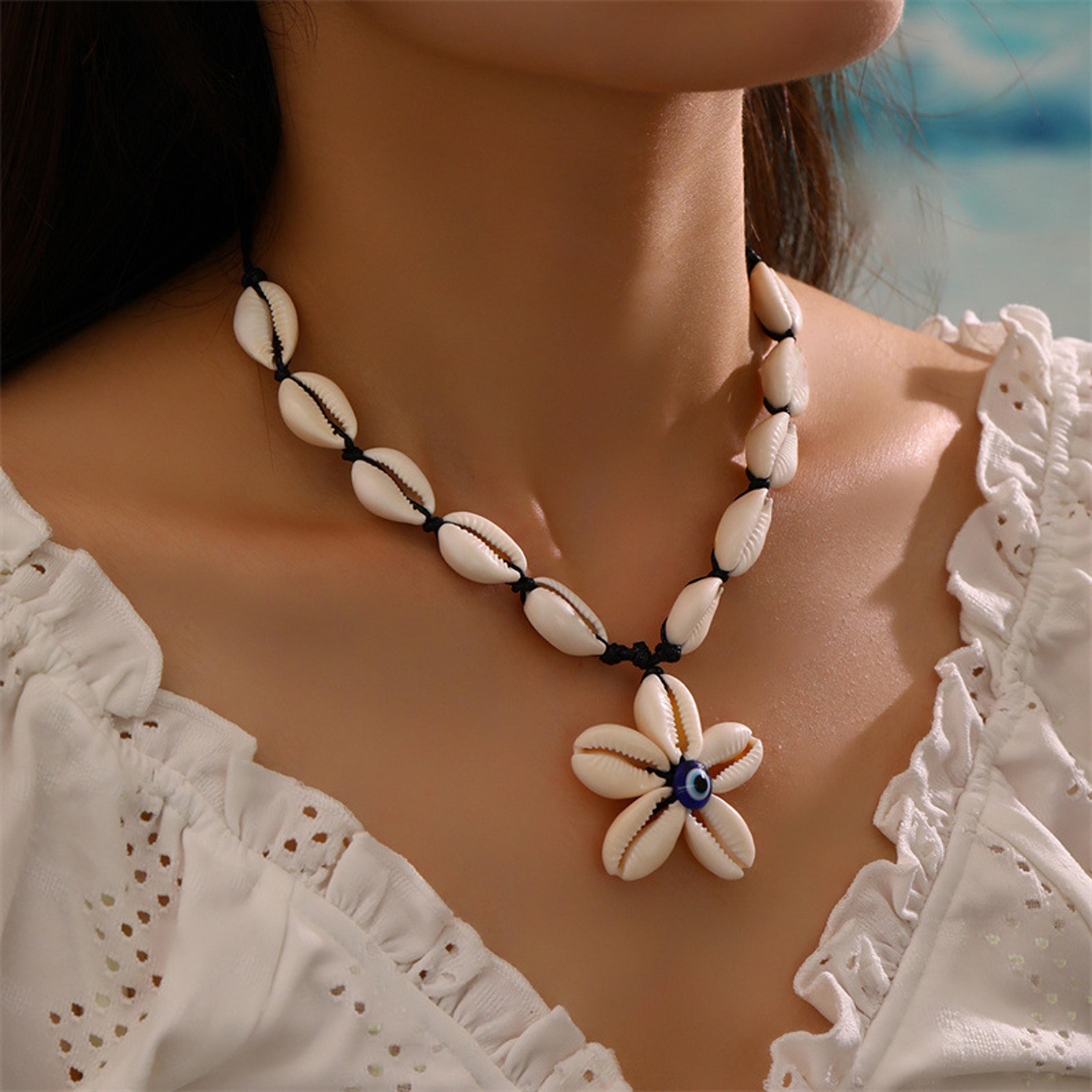 boho evil eye shell necklace