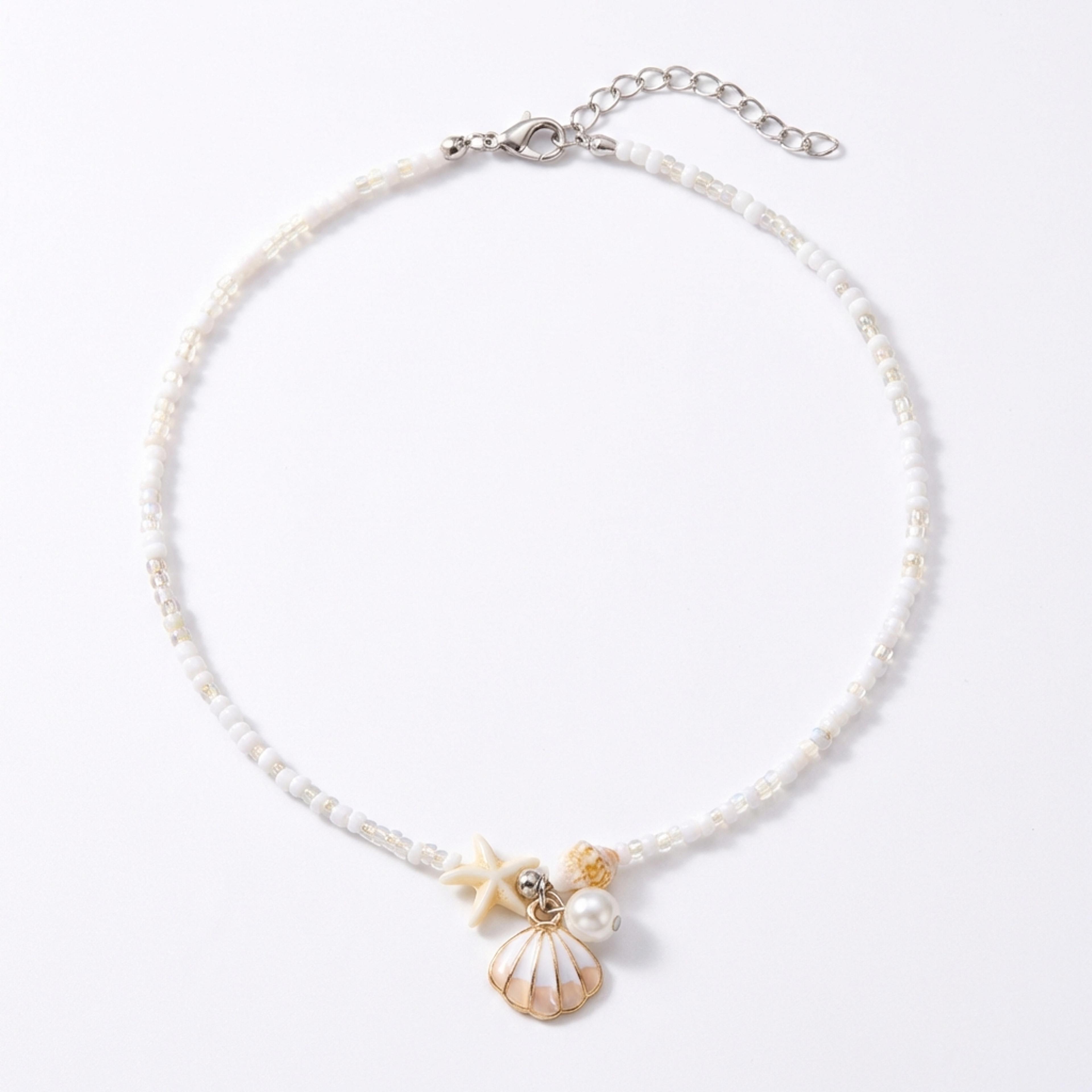boho beaded choker necklace with vintage silver shell and starfish pendant for beach vacation