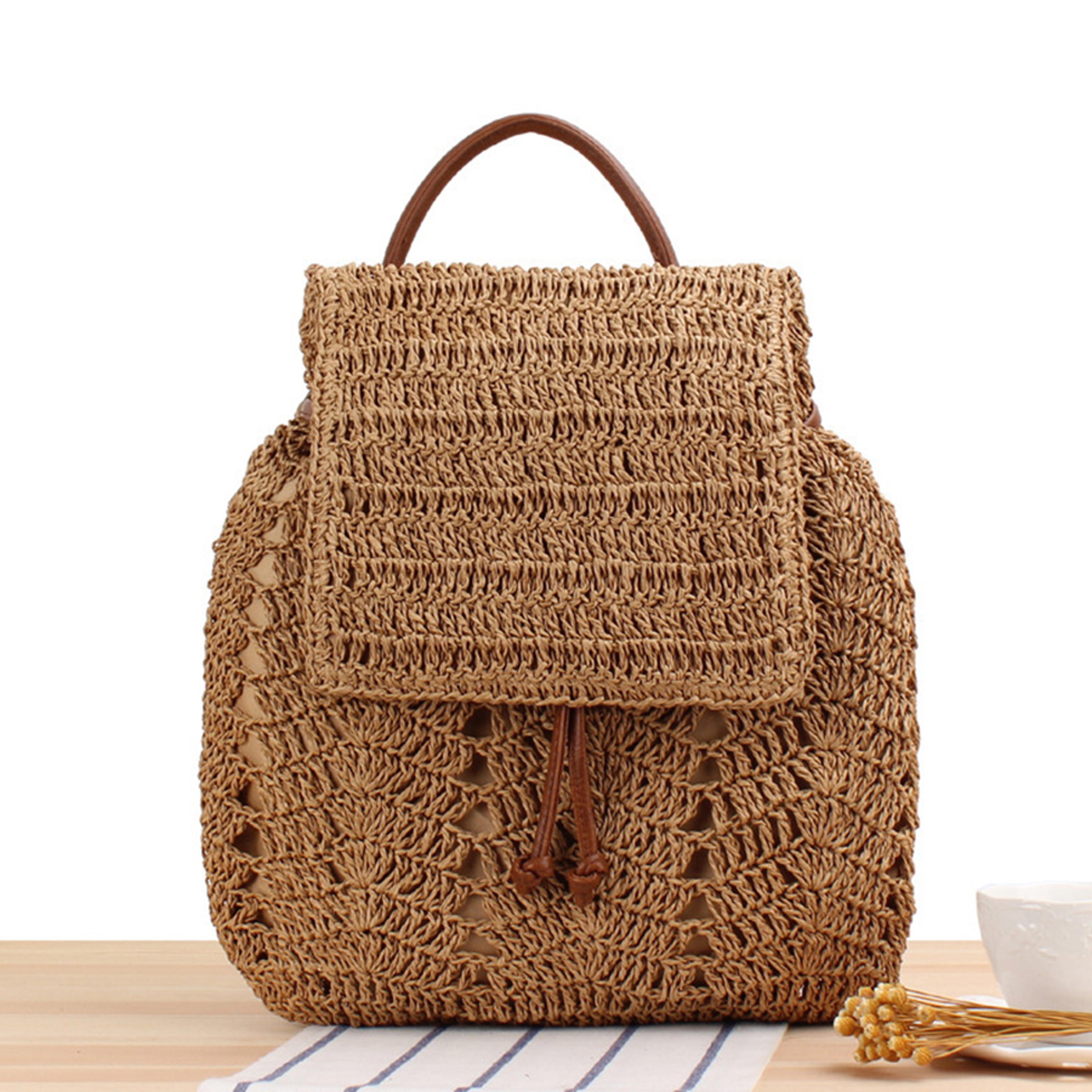 hand-woven straw beach backpack and shoulder purse for women