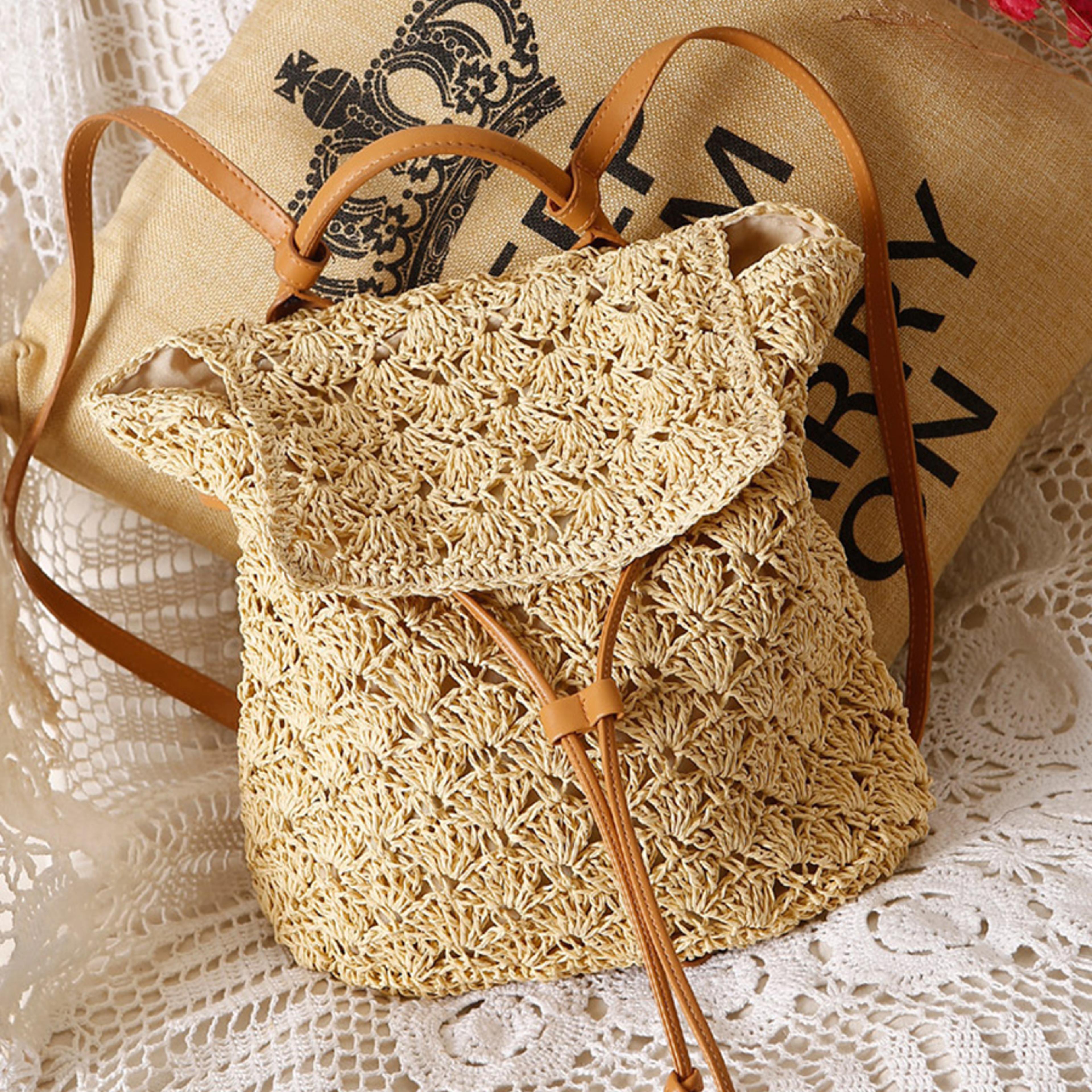 handwoven straw beach backpack