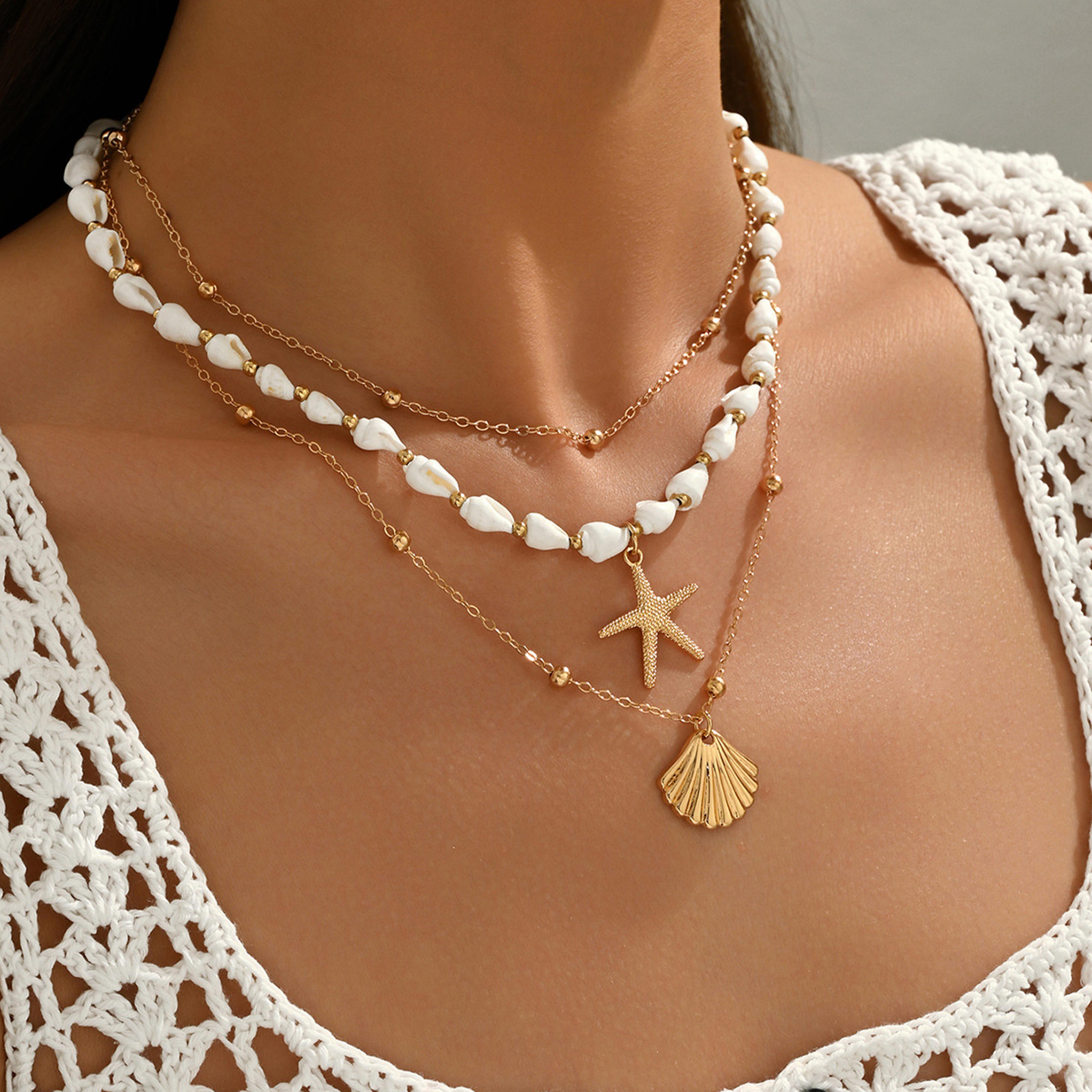 boho shell layered necklace set