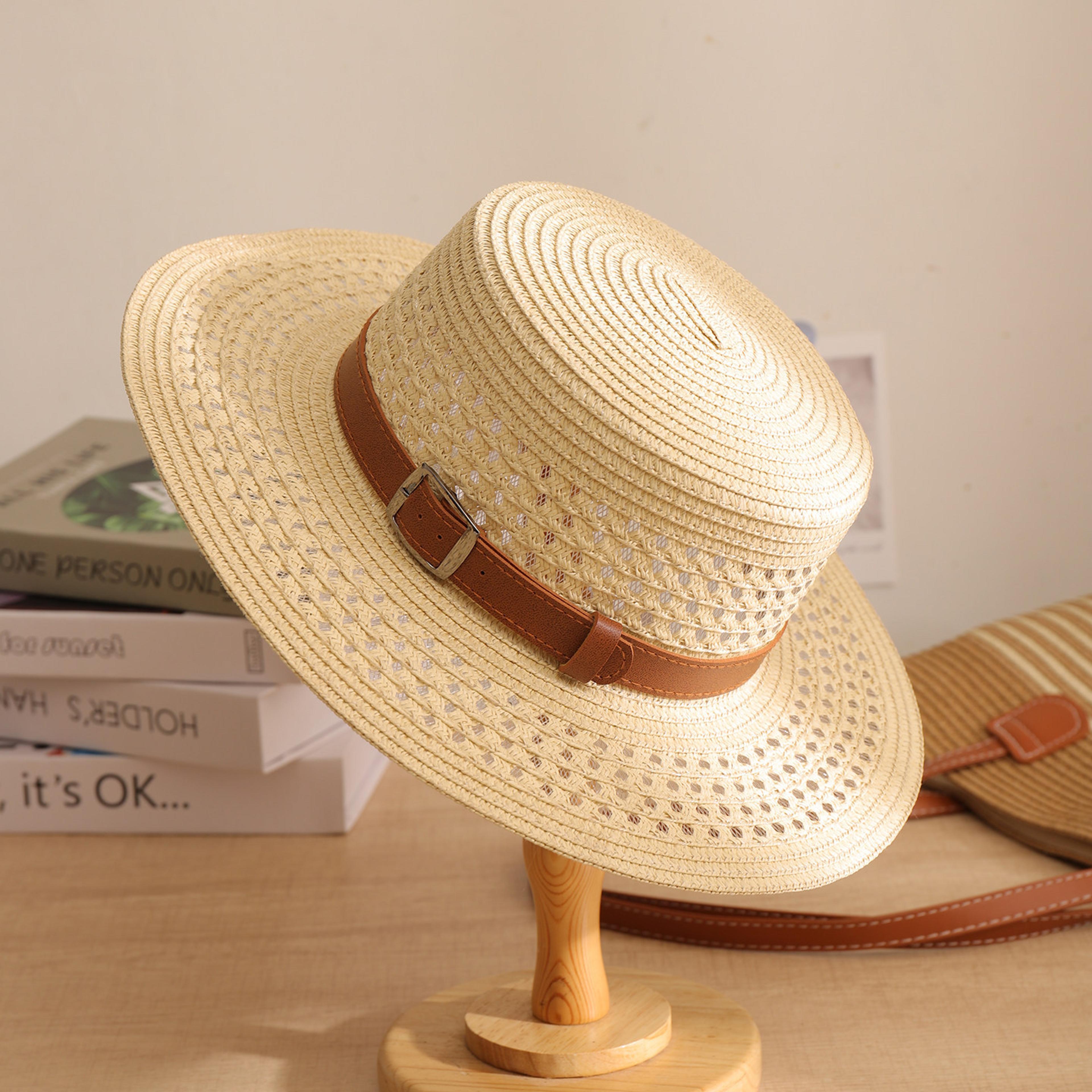 french straw sun hat with leather buckle