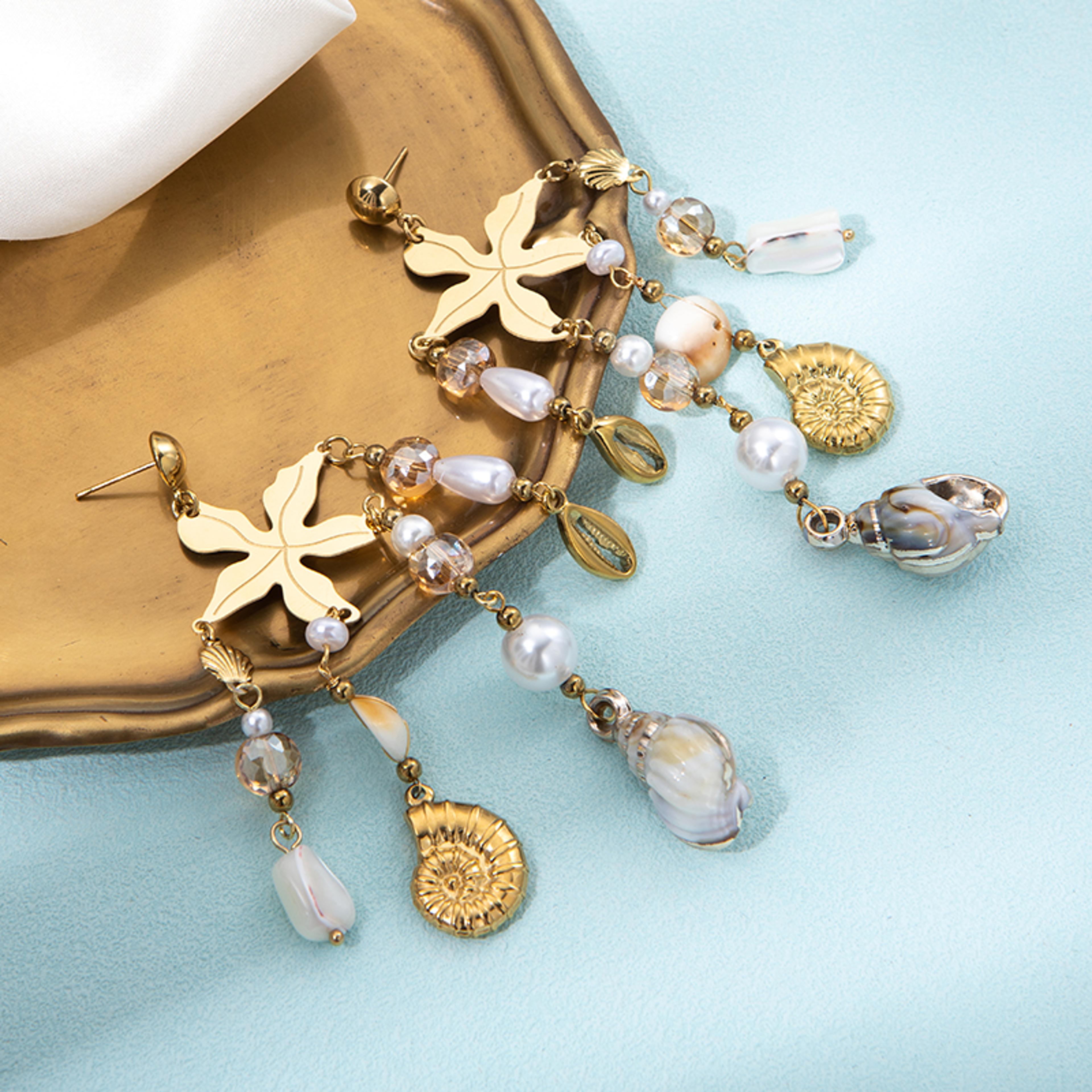 stainless steel starfish earrings with shell tassel for women