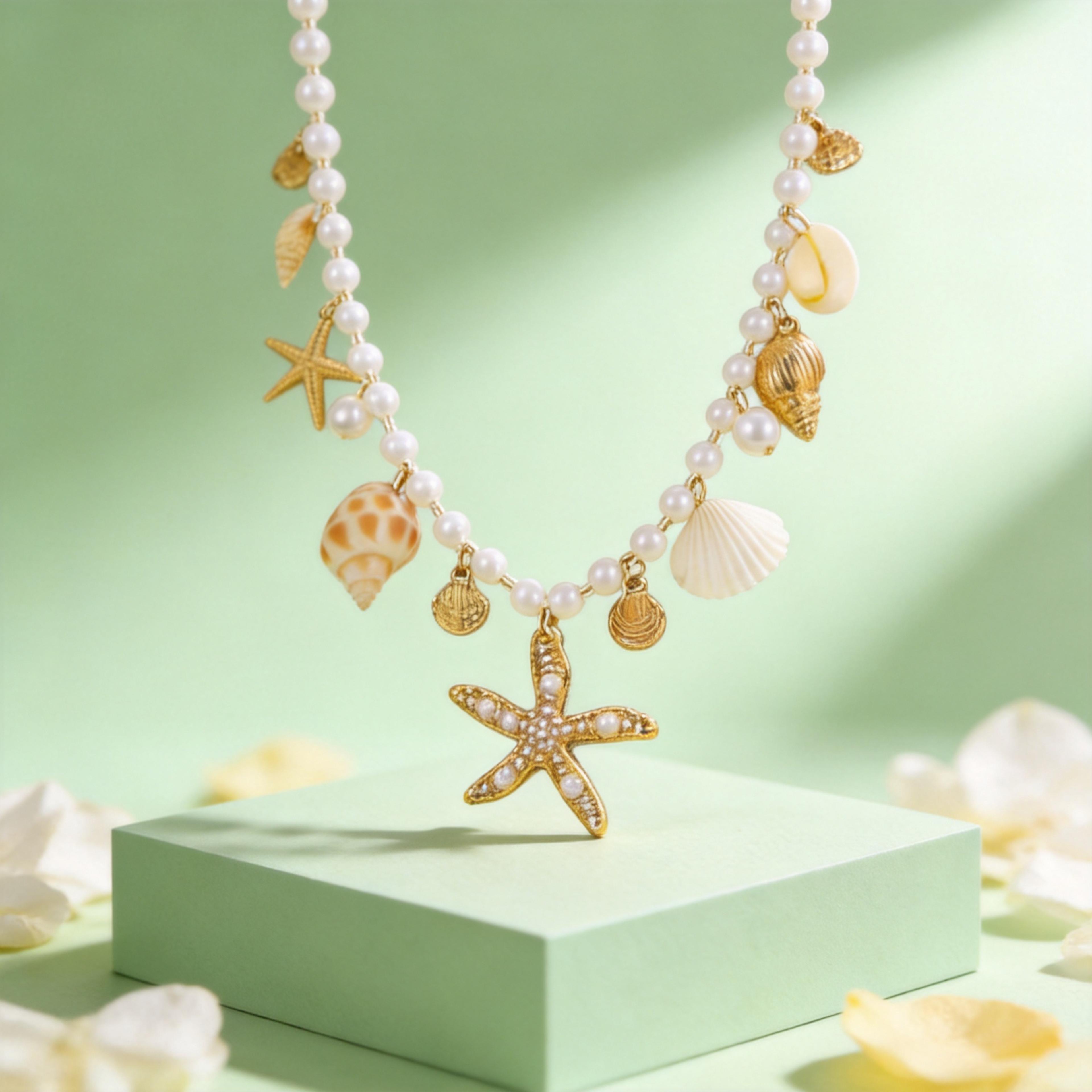 shell starfish pearl necklace for women coastal beach jewelry