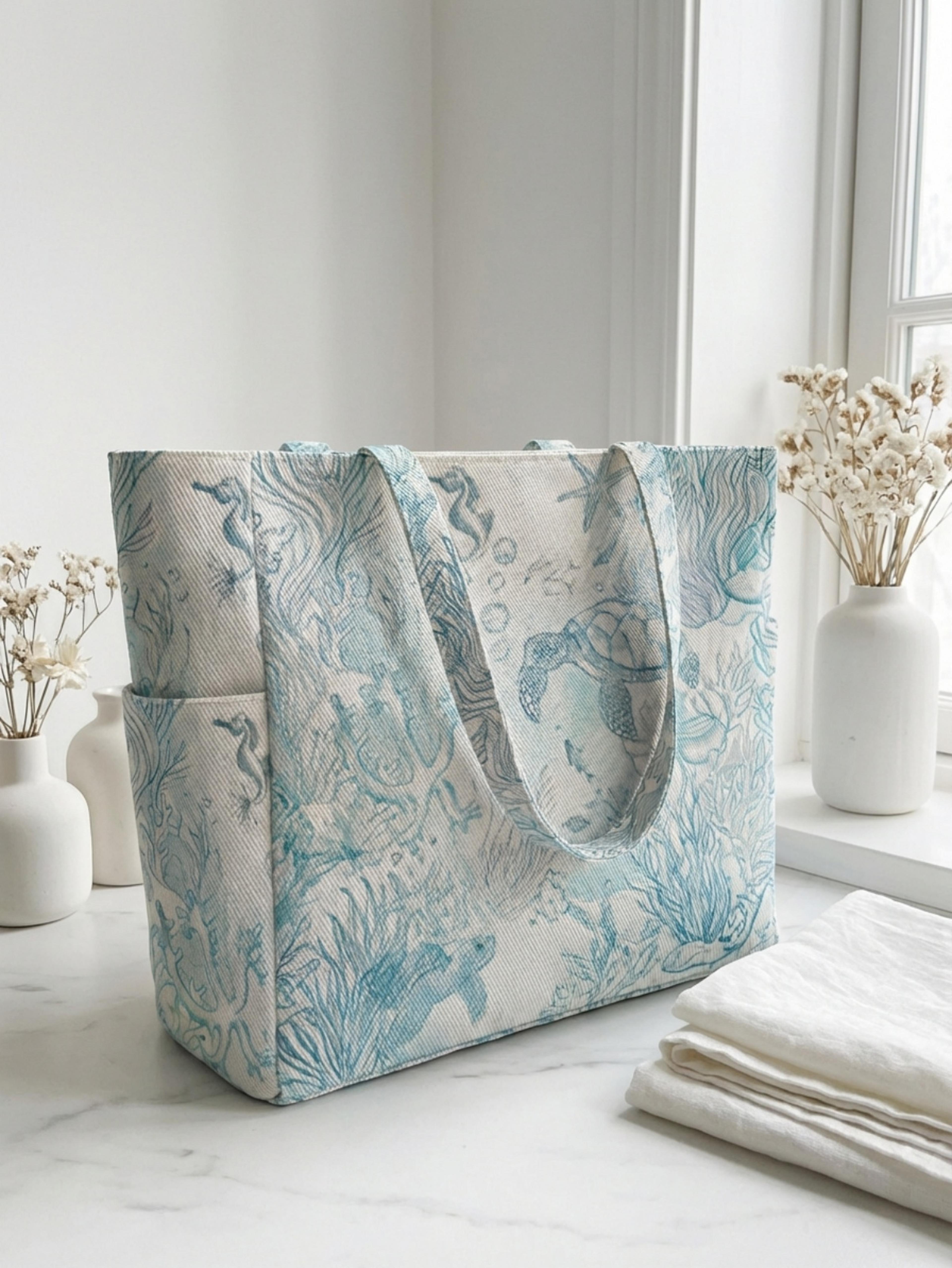large capacity canvas tote bag for women with marine print