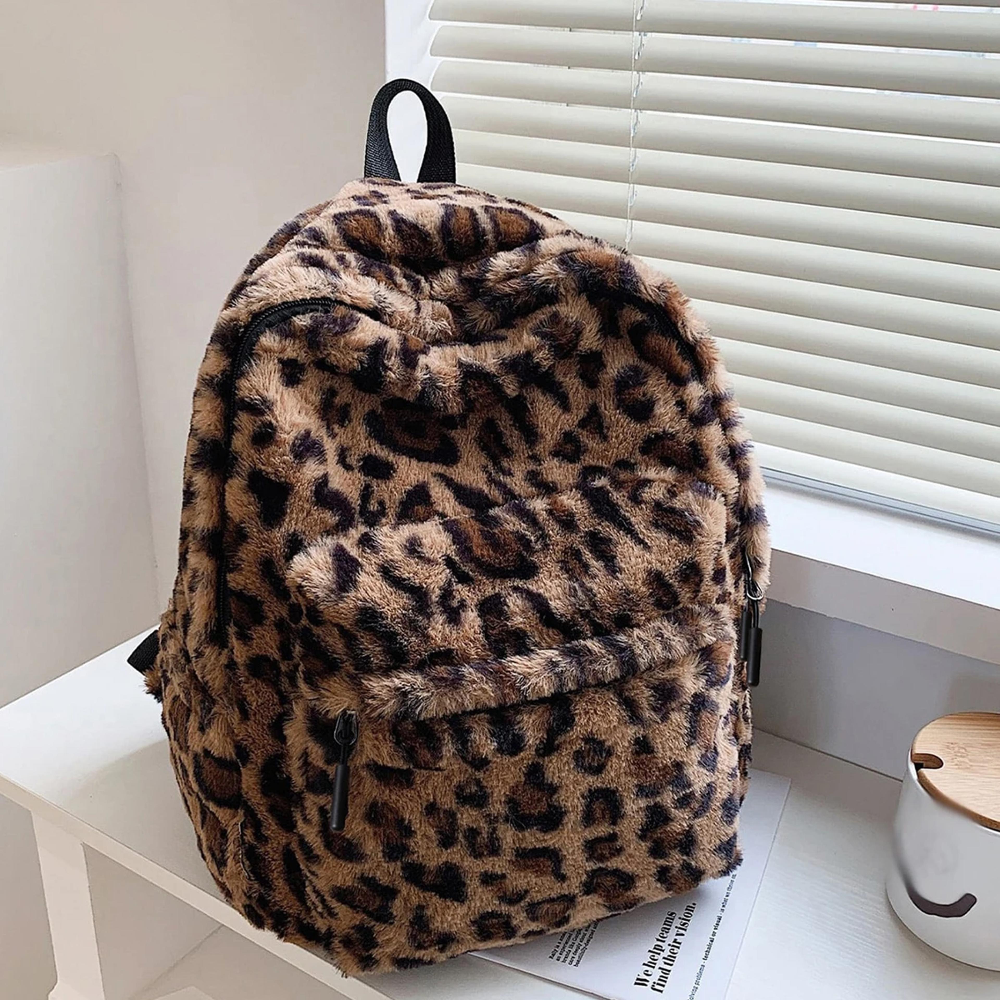 chic leopard print plush backpack large capacity backpack purse