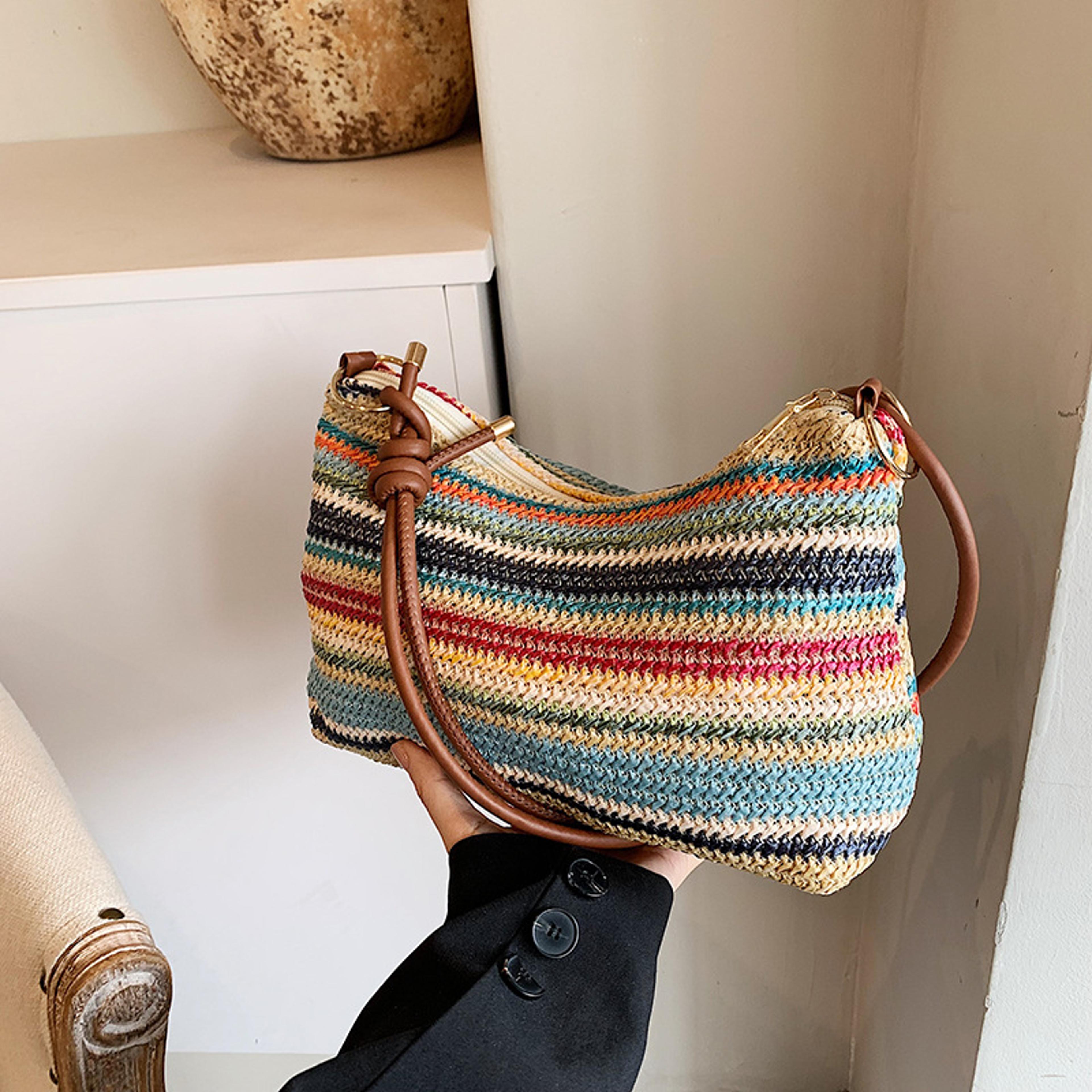striped woven straw tote bag with coin purse