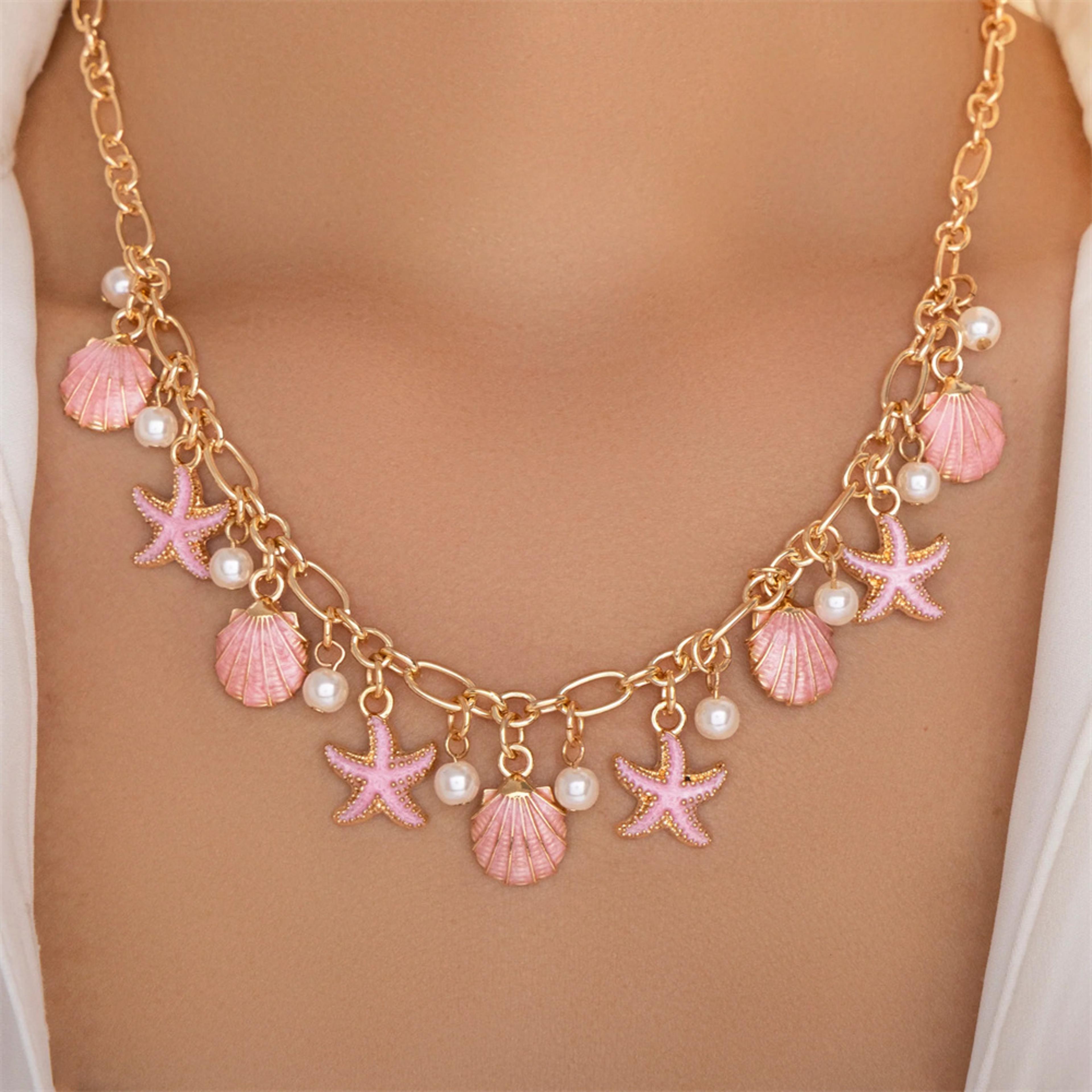 boho starfish pendant necklace with pearl choker and tassel chain