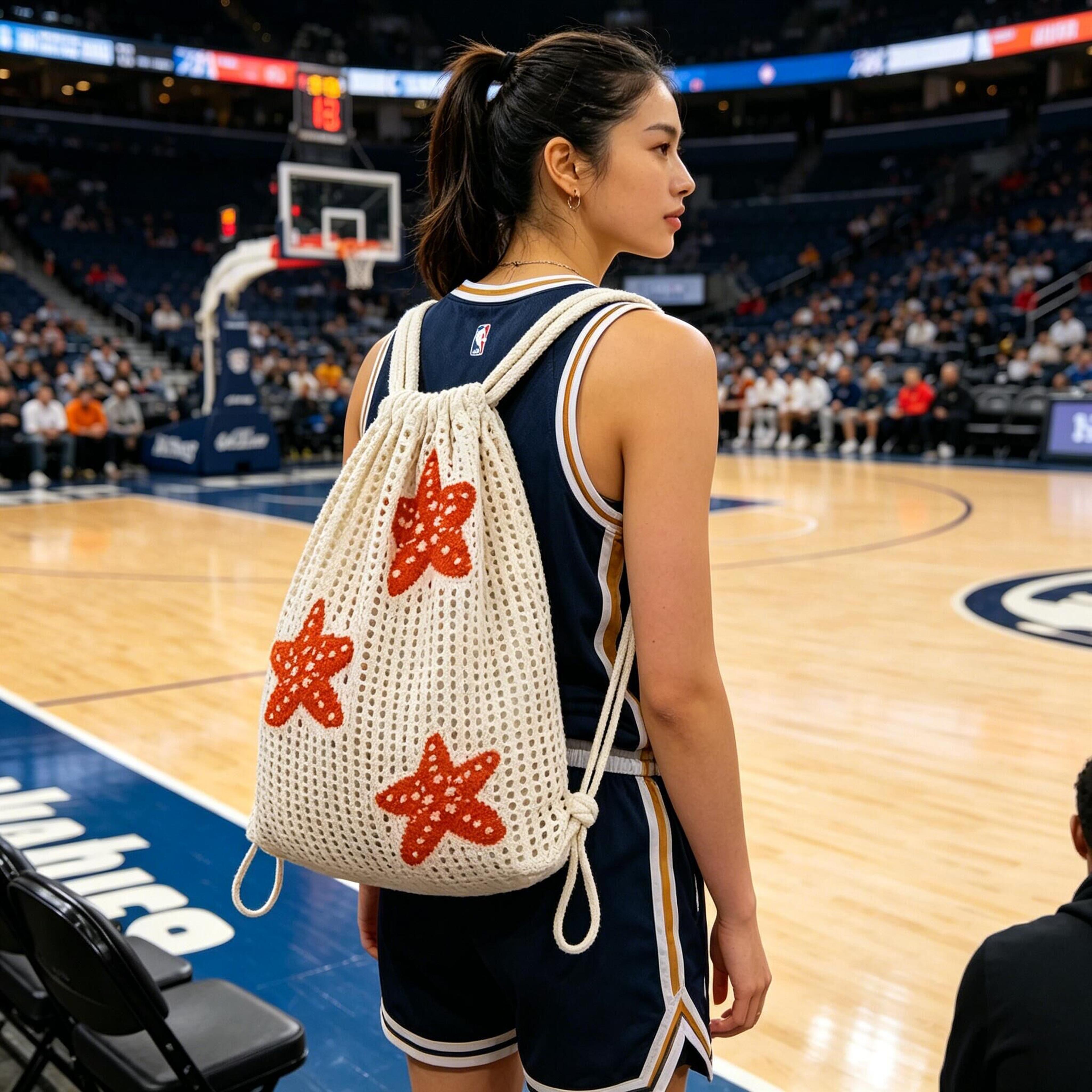 beige starfish embroidery mesh sports backpack