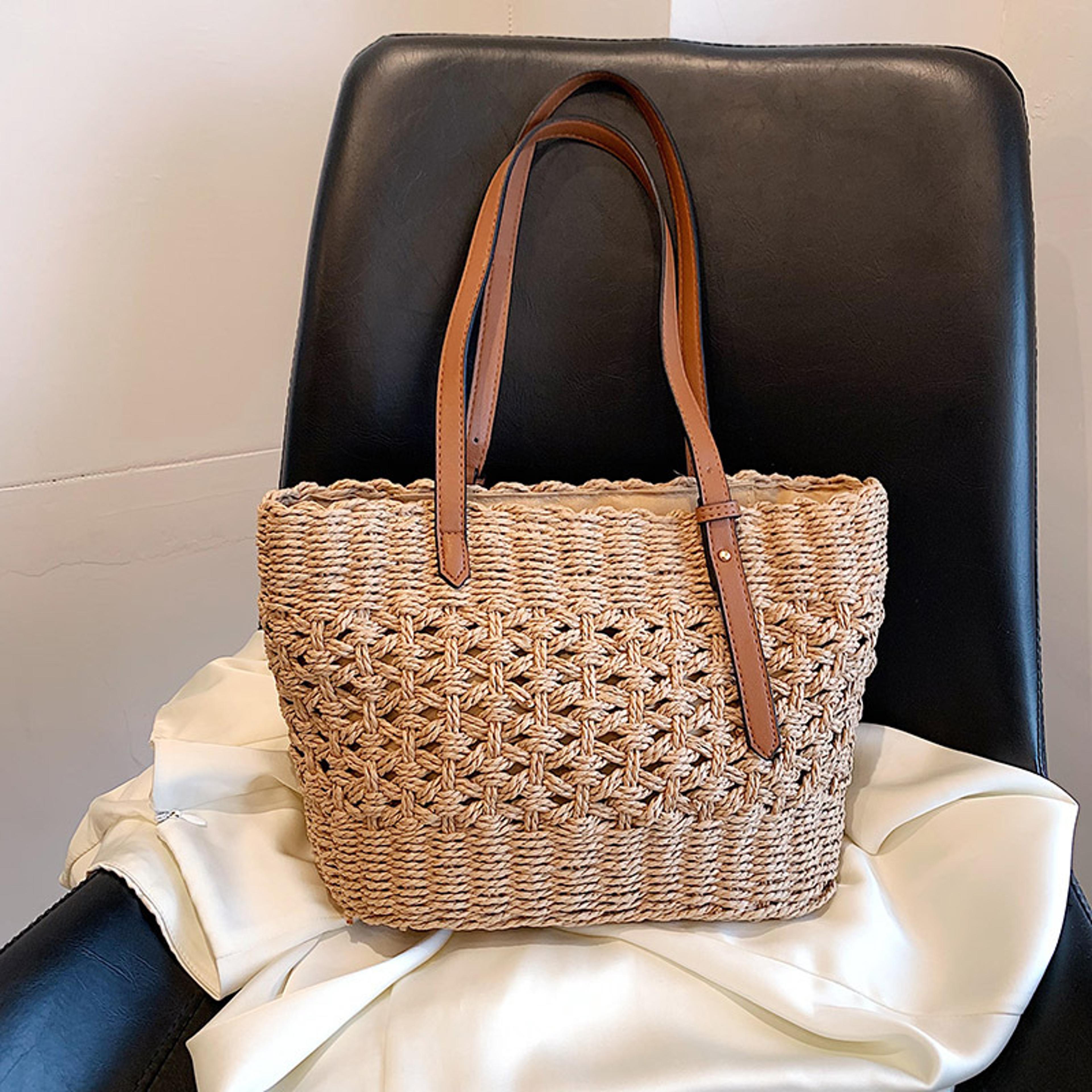 woven straw tote bag for women, large beach bag, and summer straw handbag
