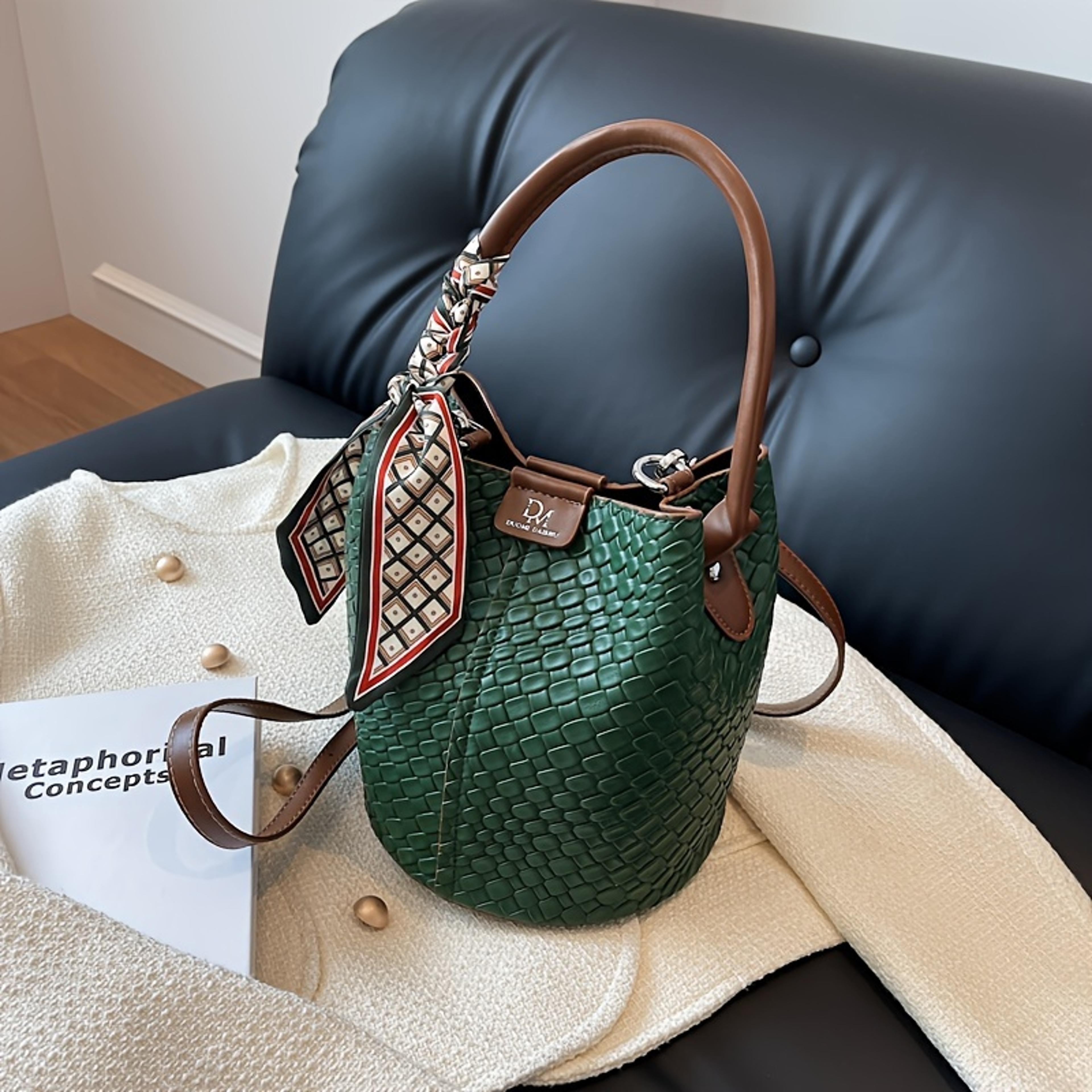 woven bucket bag for women stylish solid color crossbody handbag