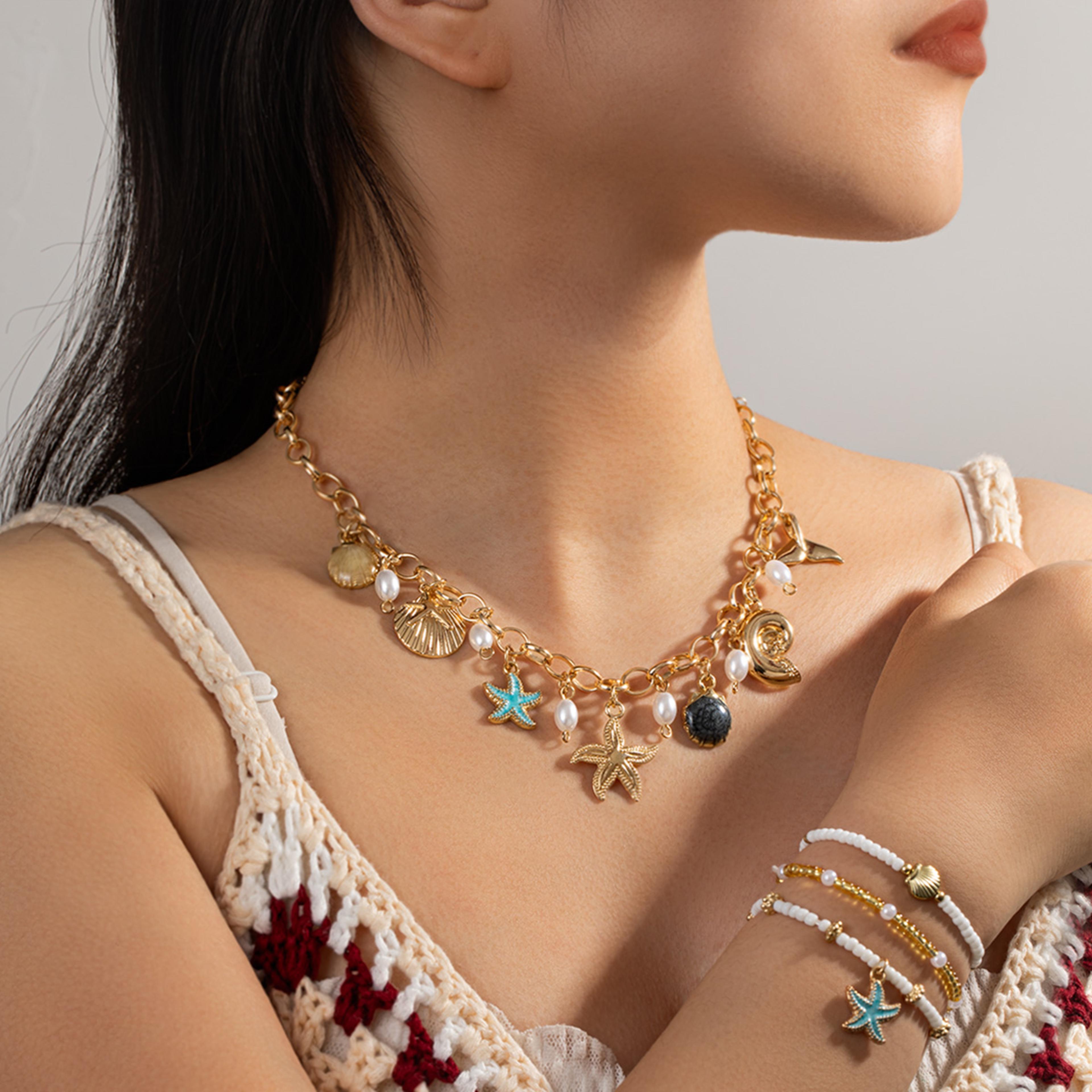 bohemian beach necklace and bracelet set with starfish jewelry charms