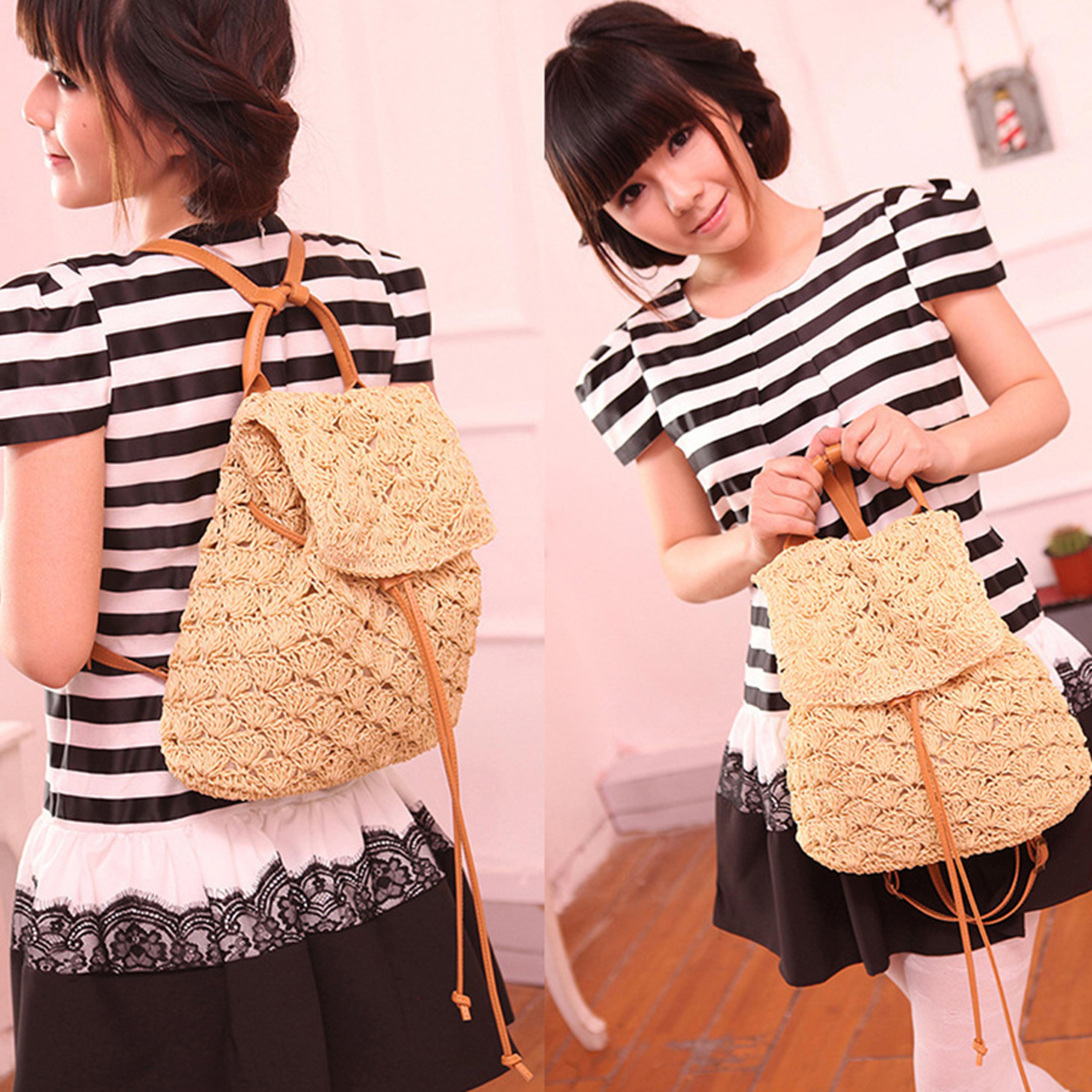 handmade summer straw drawstring backpack and hollow beach bag