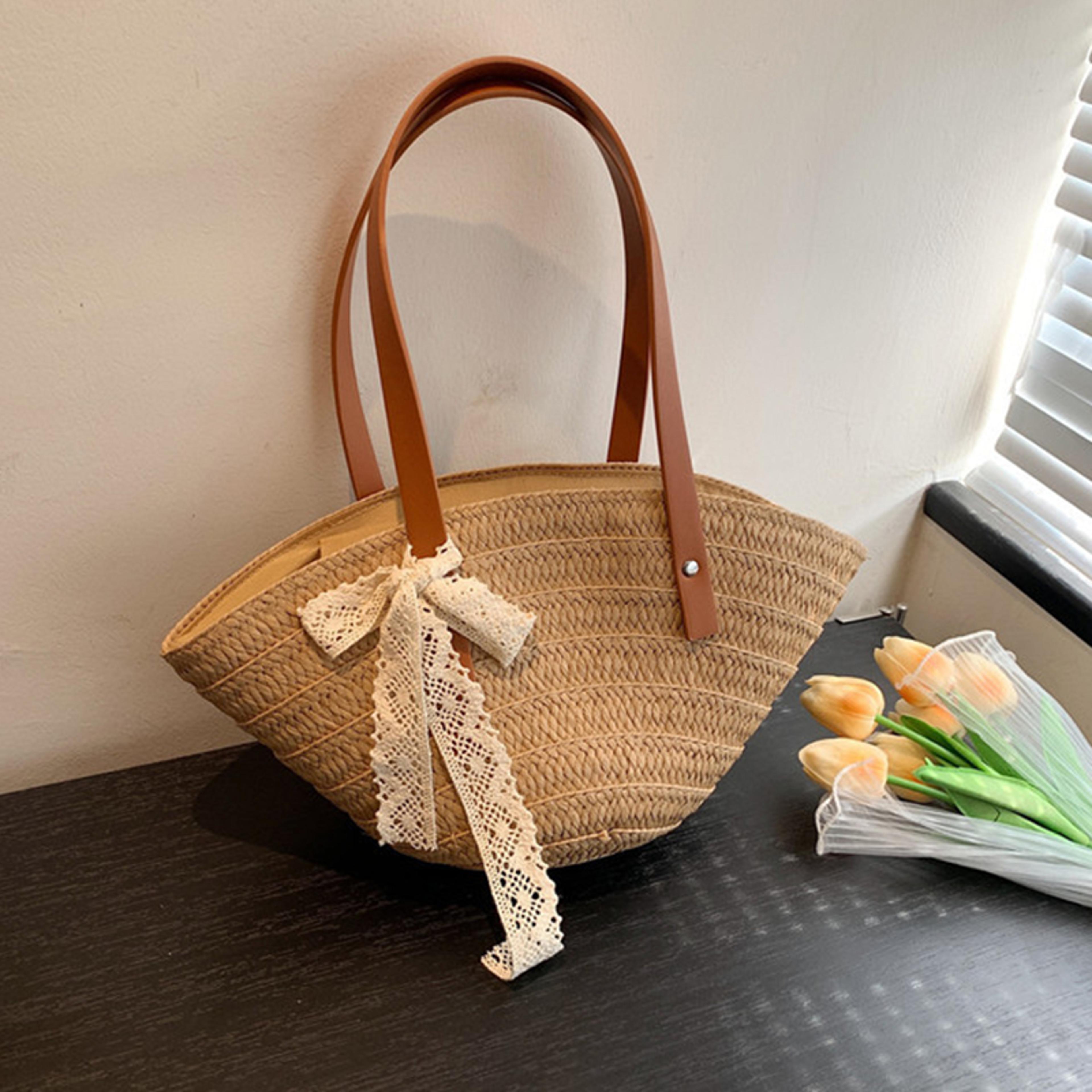 handwoven straw shoulder bag and summer beach tote purse