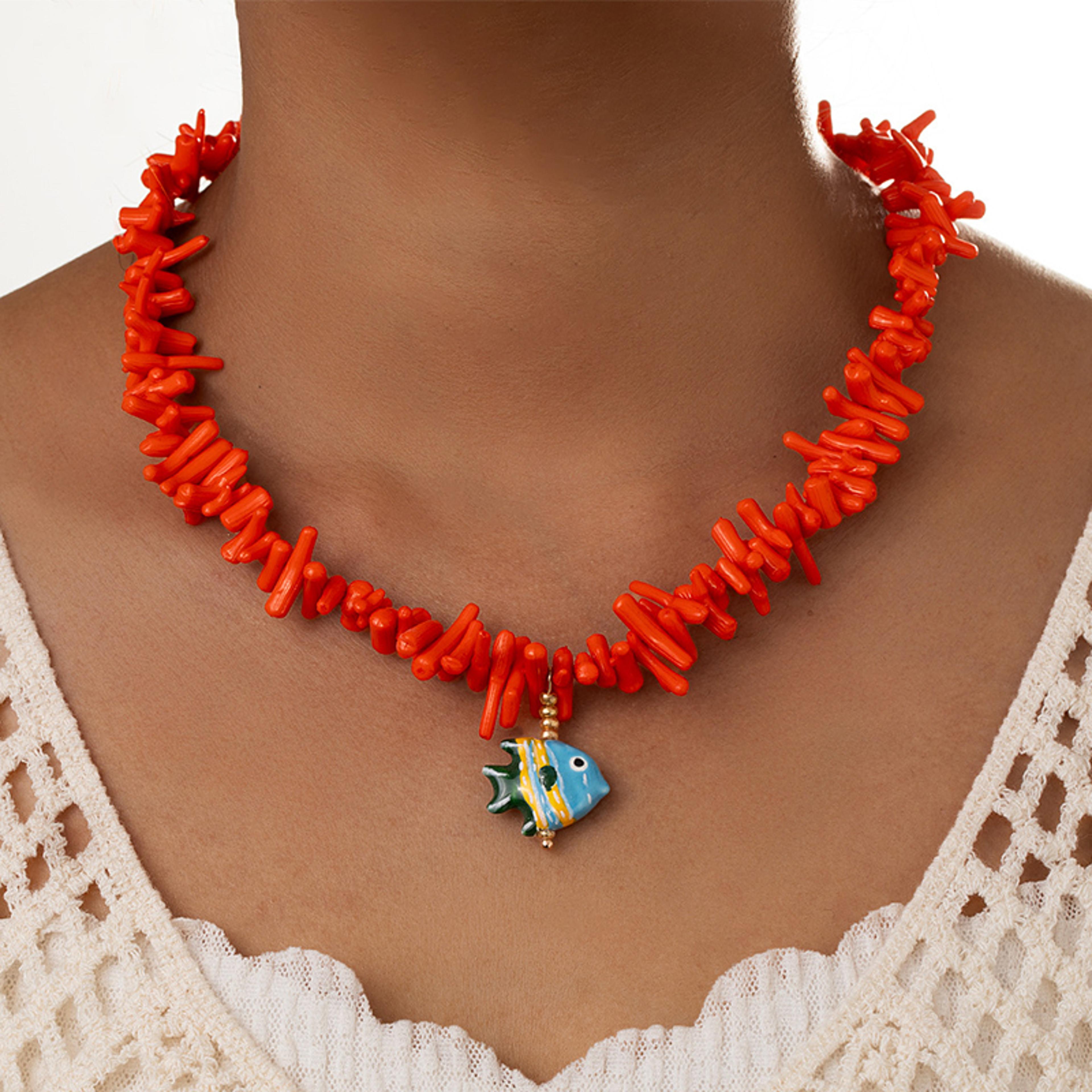handmade coral bead necklace with ceramic fish pendant and adjustable collarbone chain