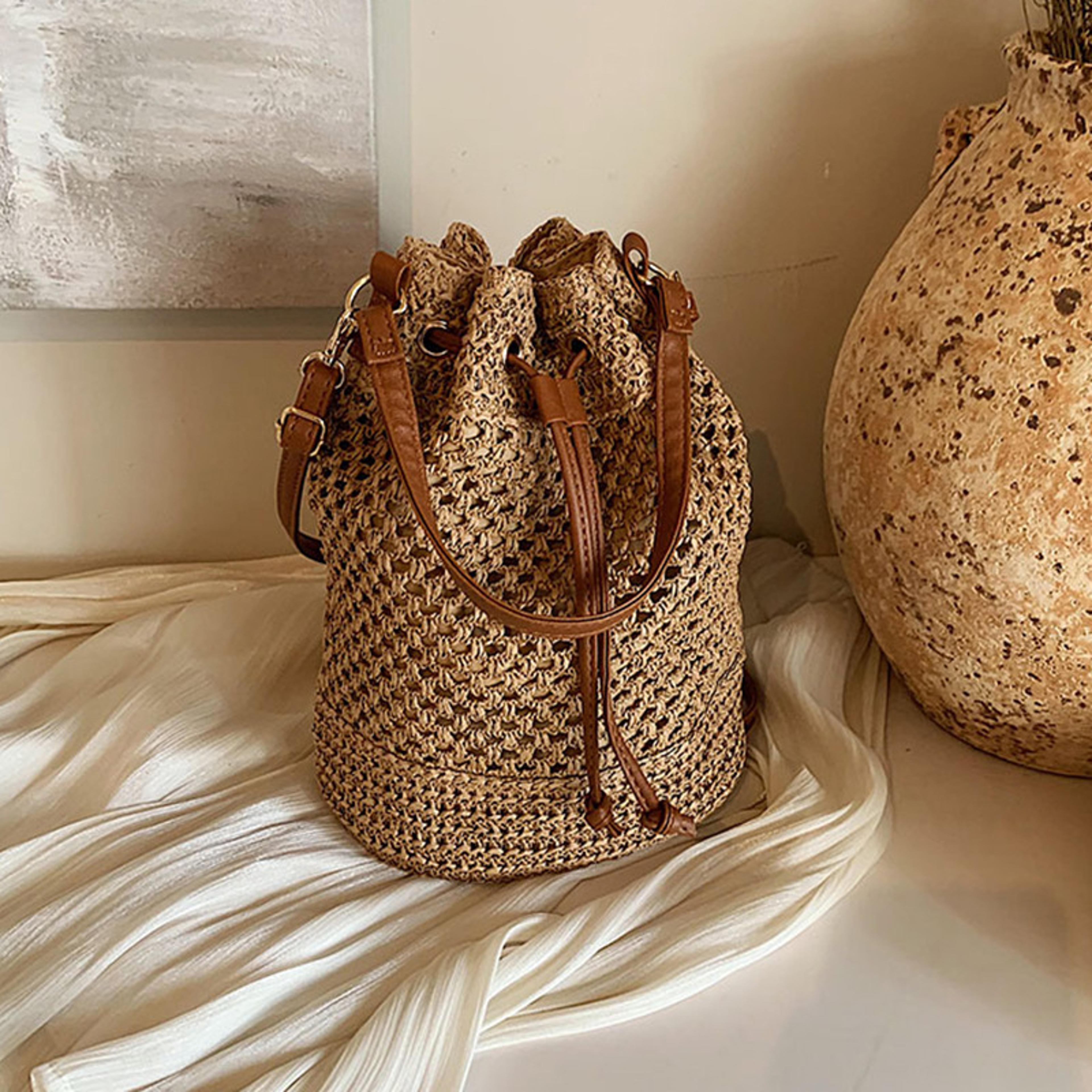 woven summer straw bucket bag