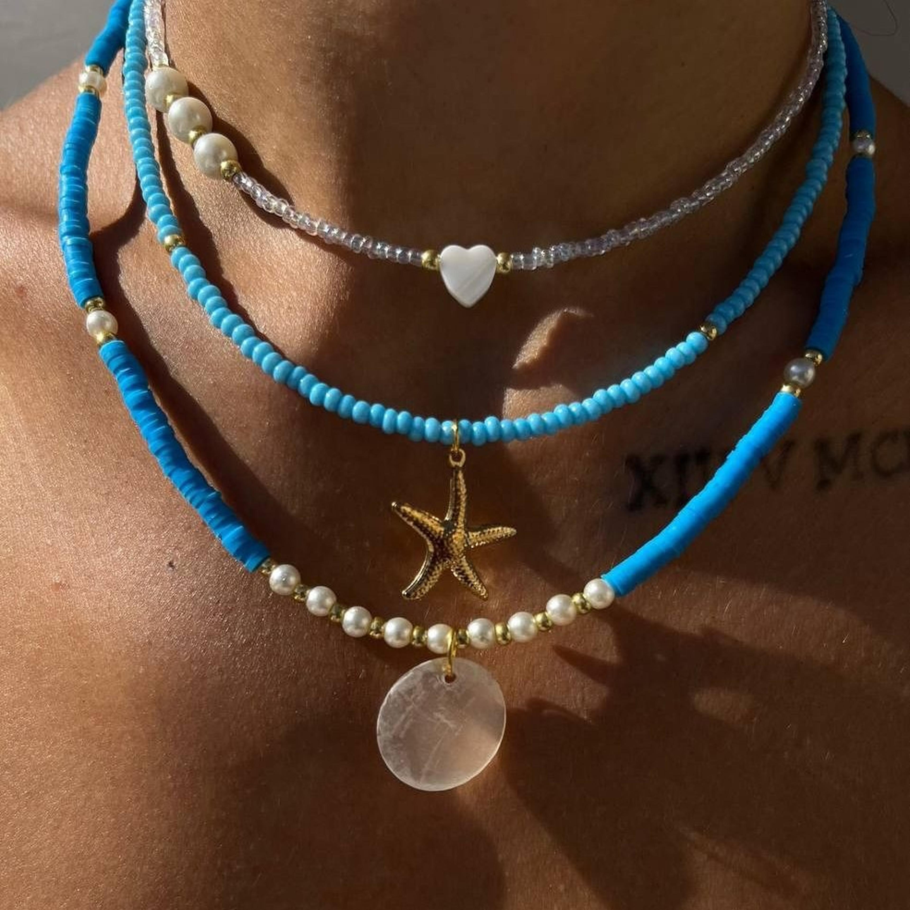 bohemian blue rice bead starfish layered necklace
