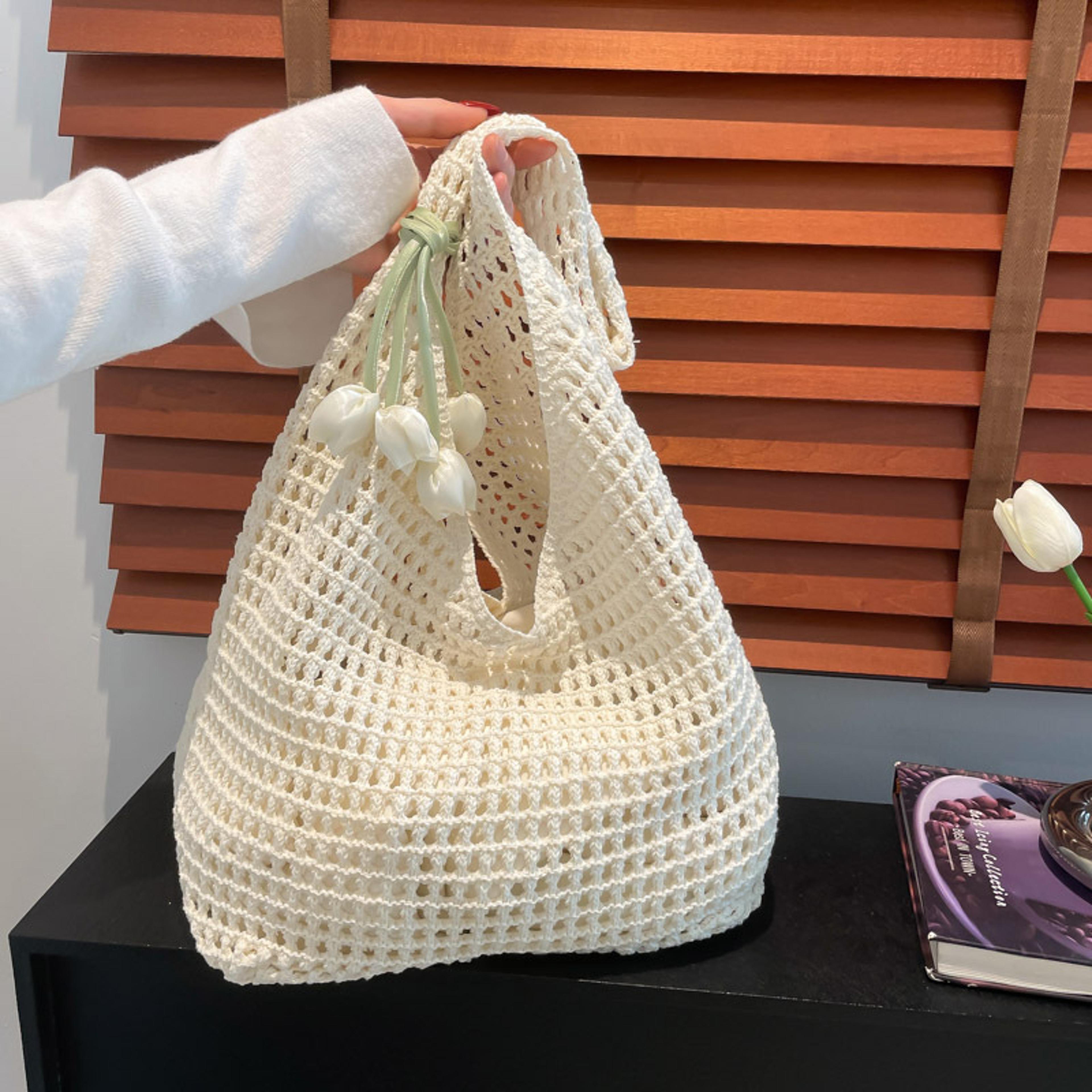 sweet crochet shoulder bag with tulip pendant beach tote