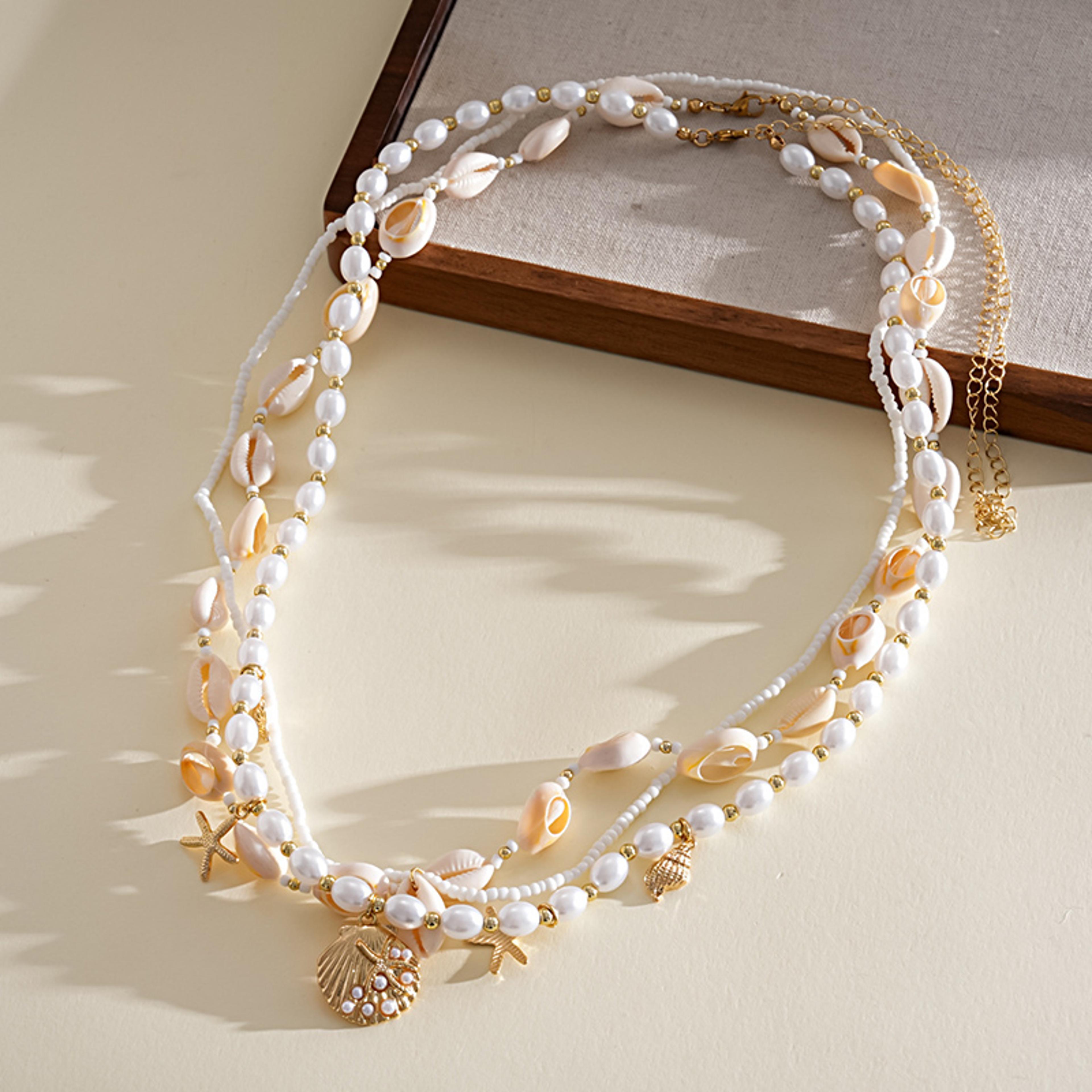 multi layered ocean style jewelry shell and pearl necklace for women