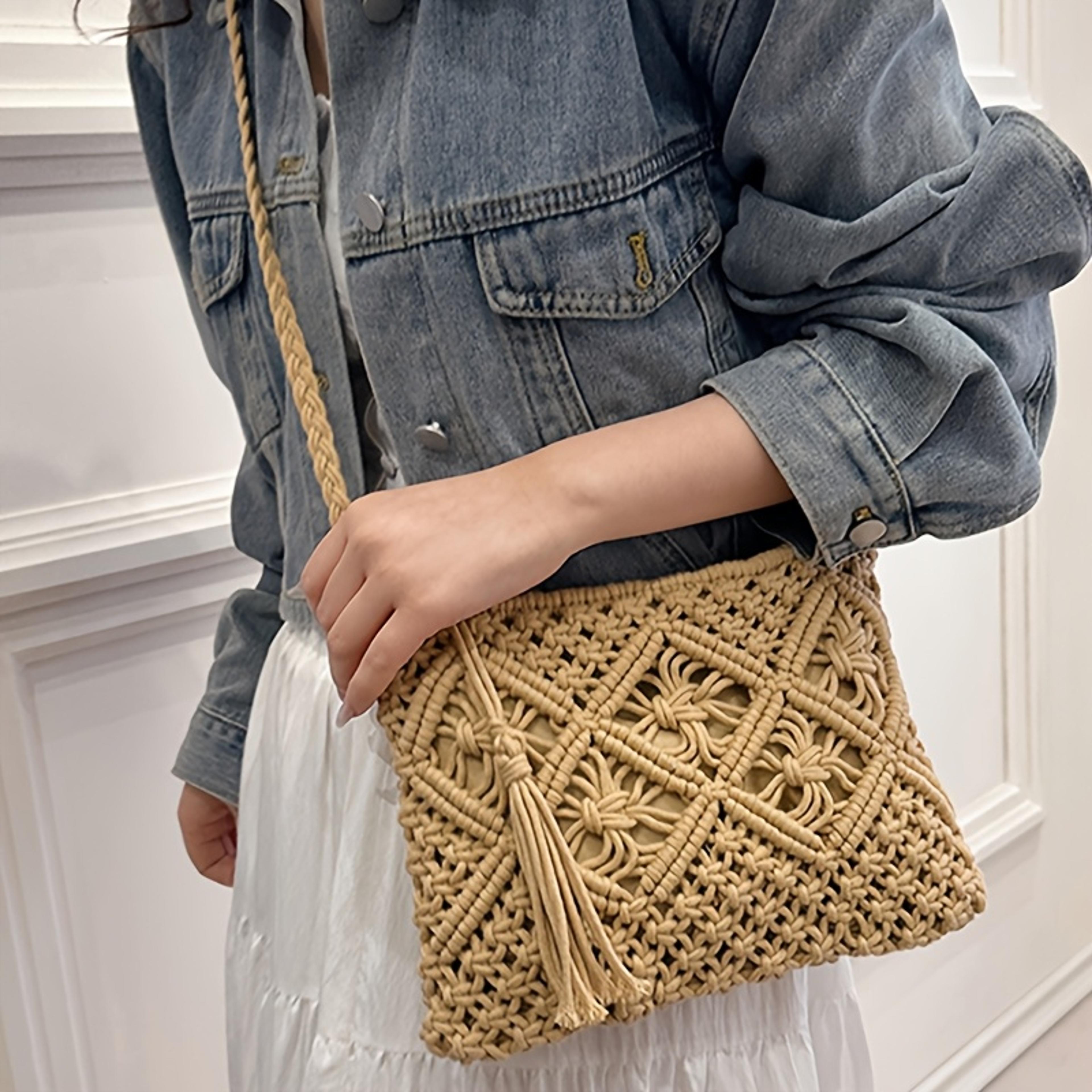 boho crochet tote bag with tassels for summer beach