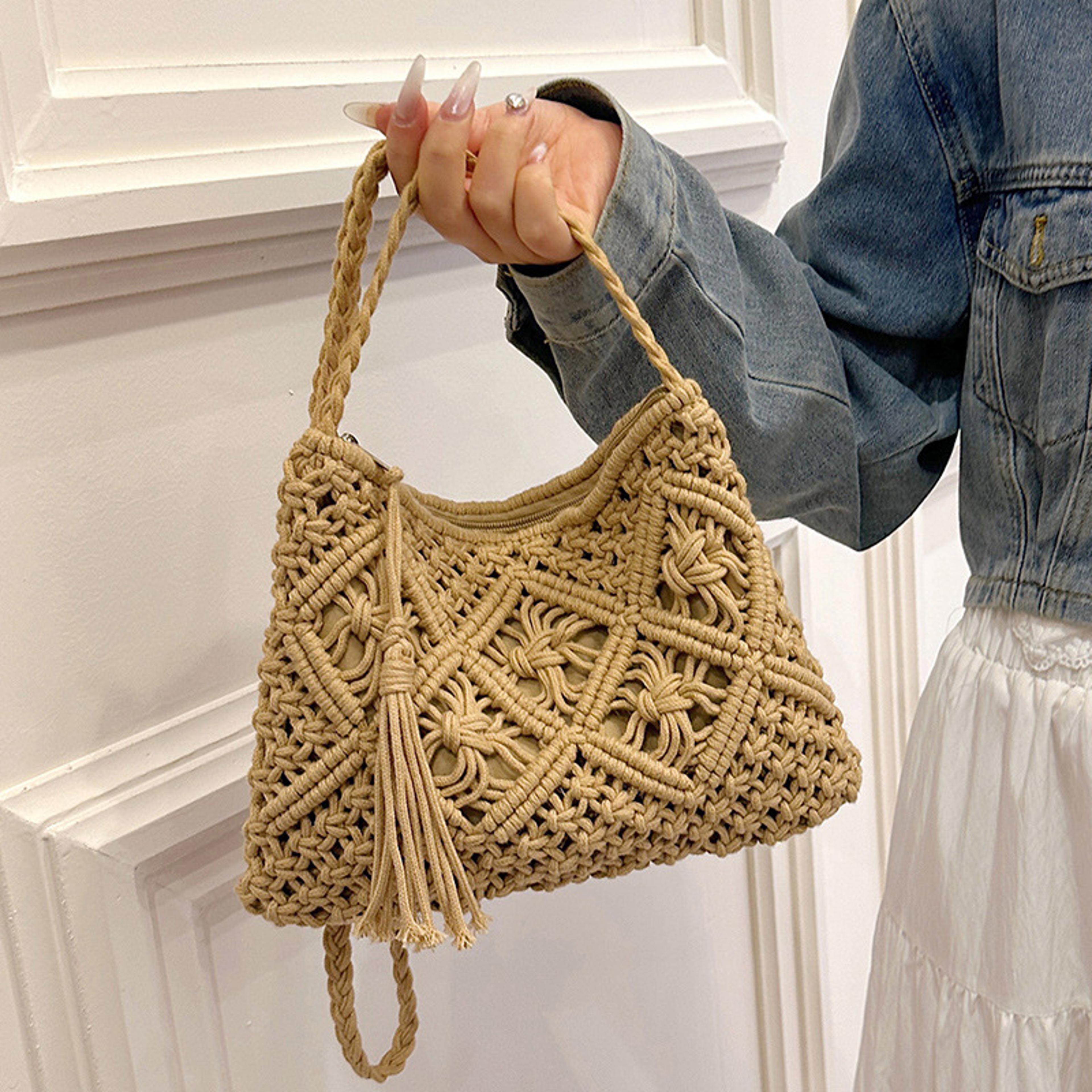 boho woven straw crossbody bag for summer beach travel