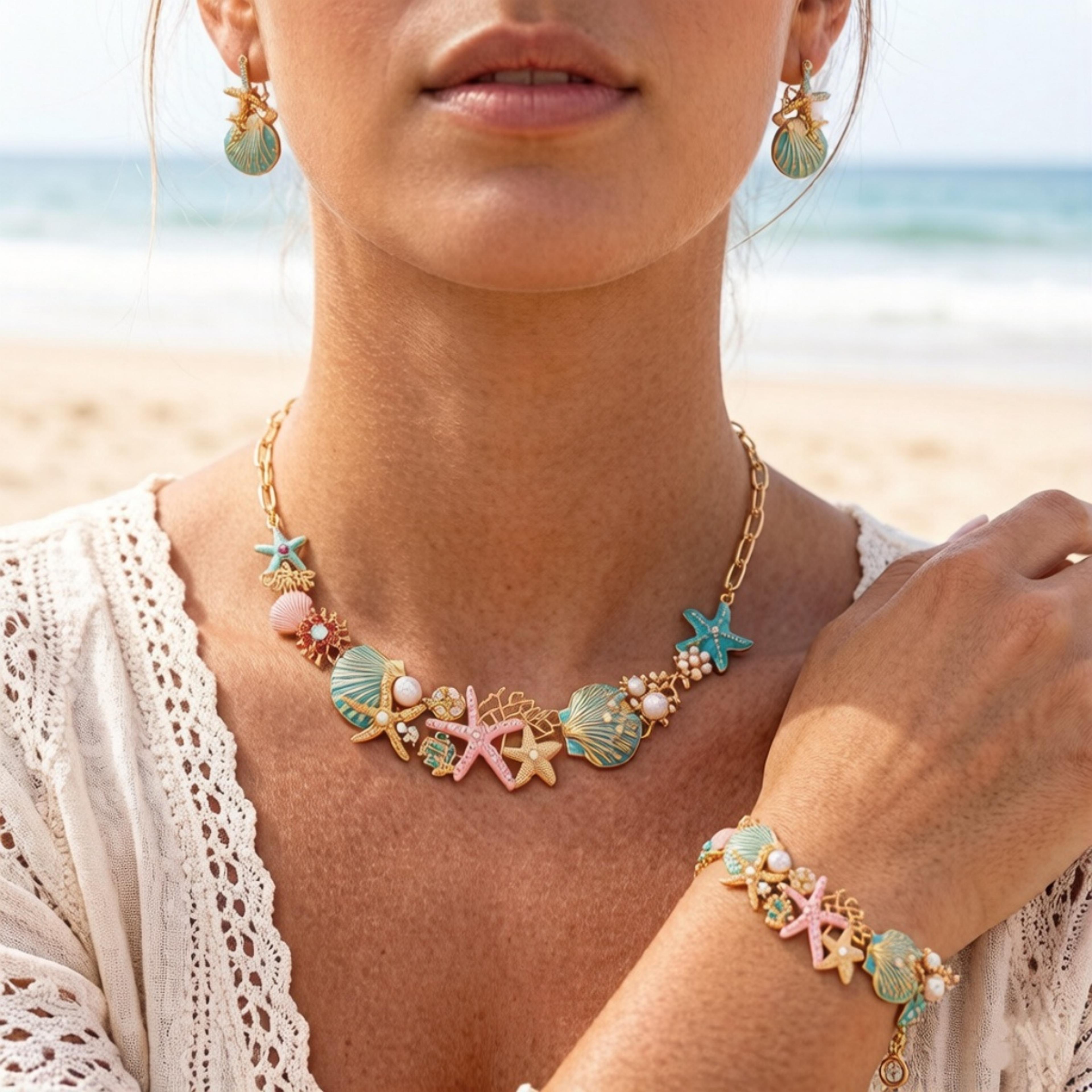 colorful enamel starfish and shell beach vacation jewelry set