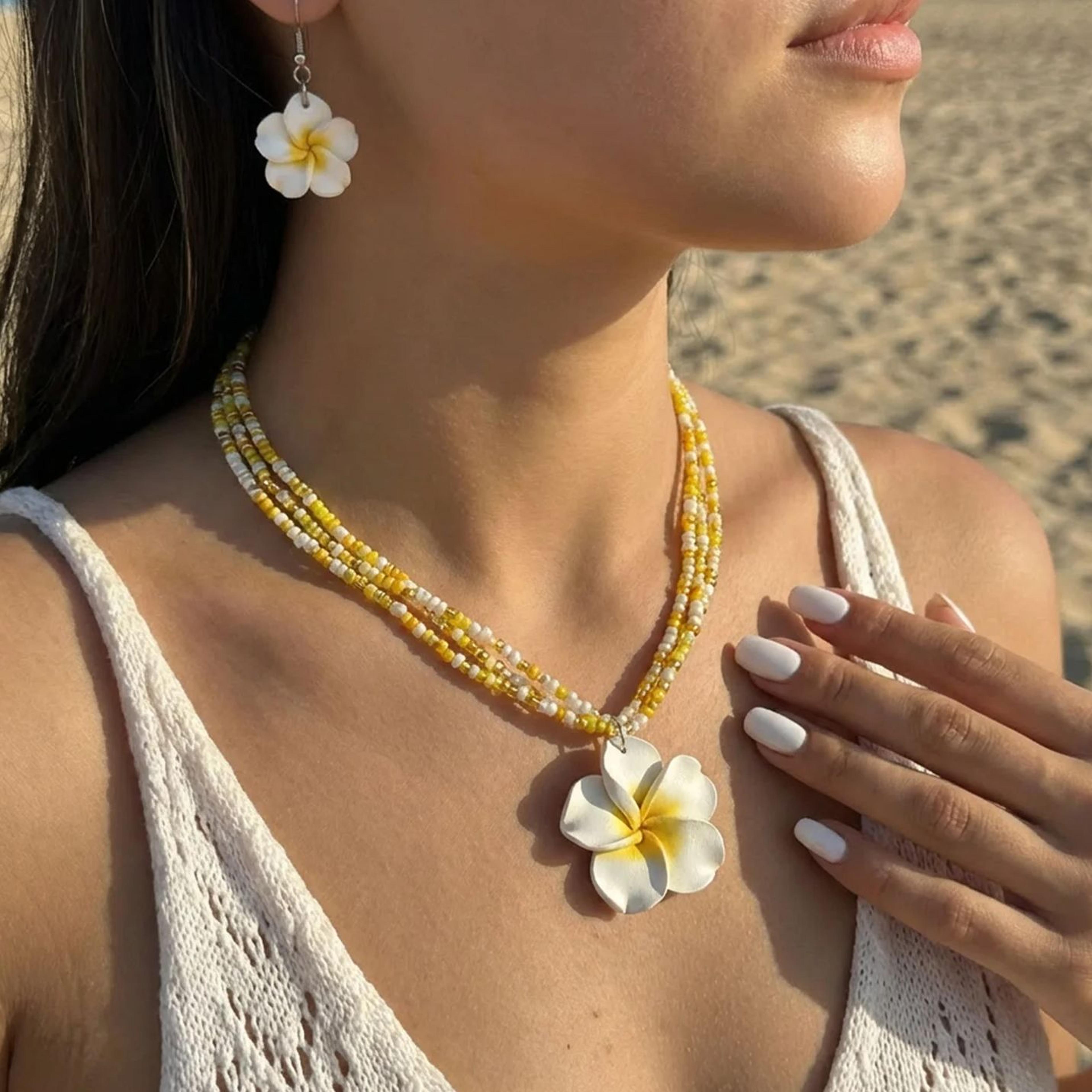 handmade bohemian flower beaded necklace and earrings set