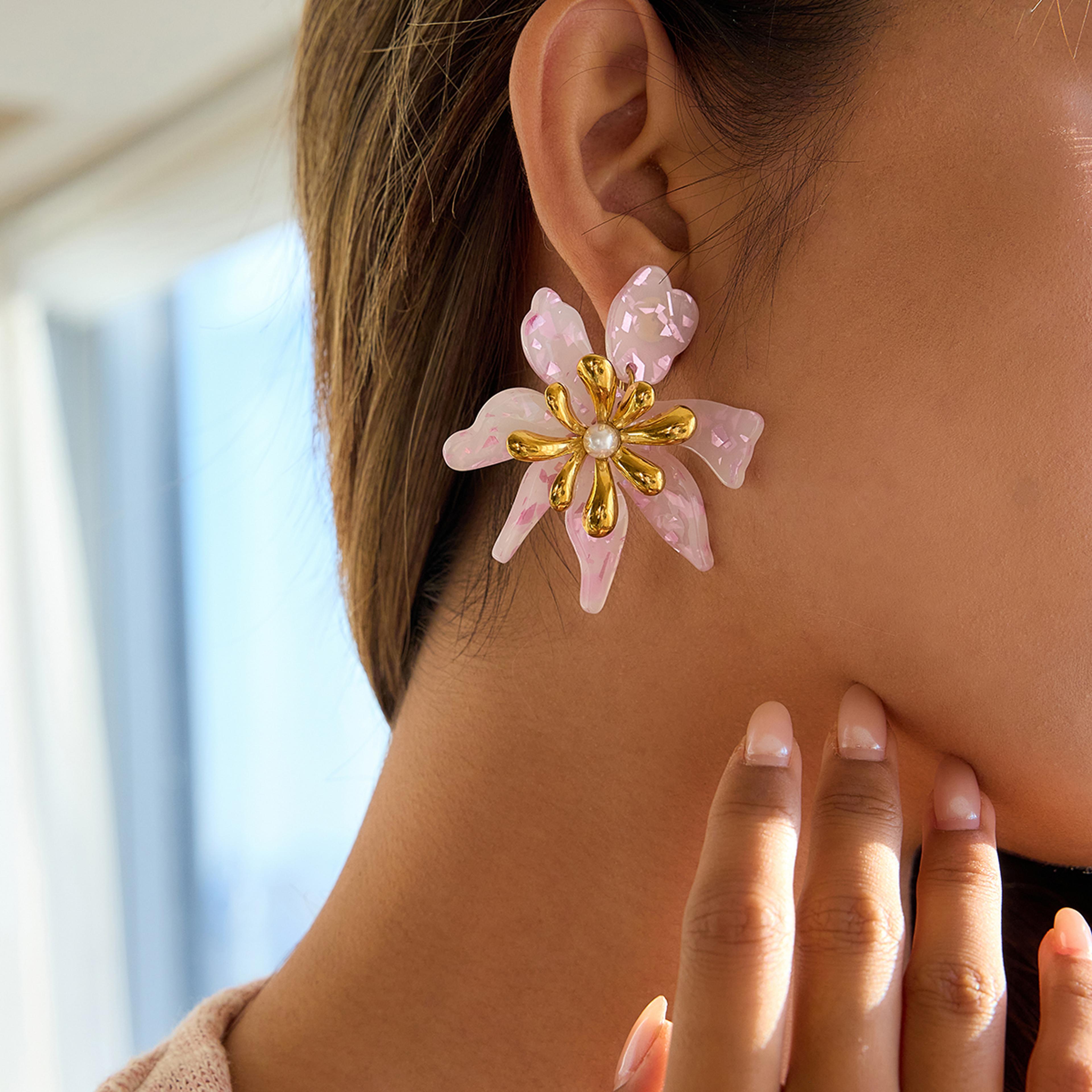 zora pink flower drop earrings gold pearl fashion jewelry