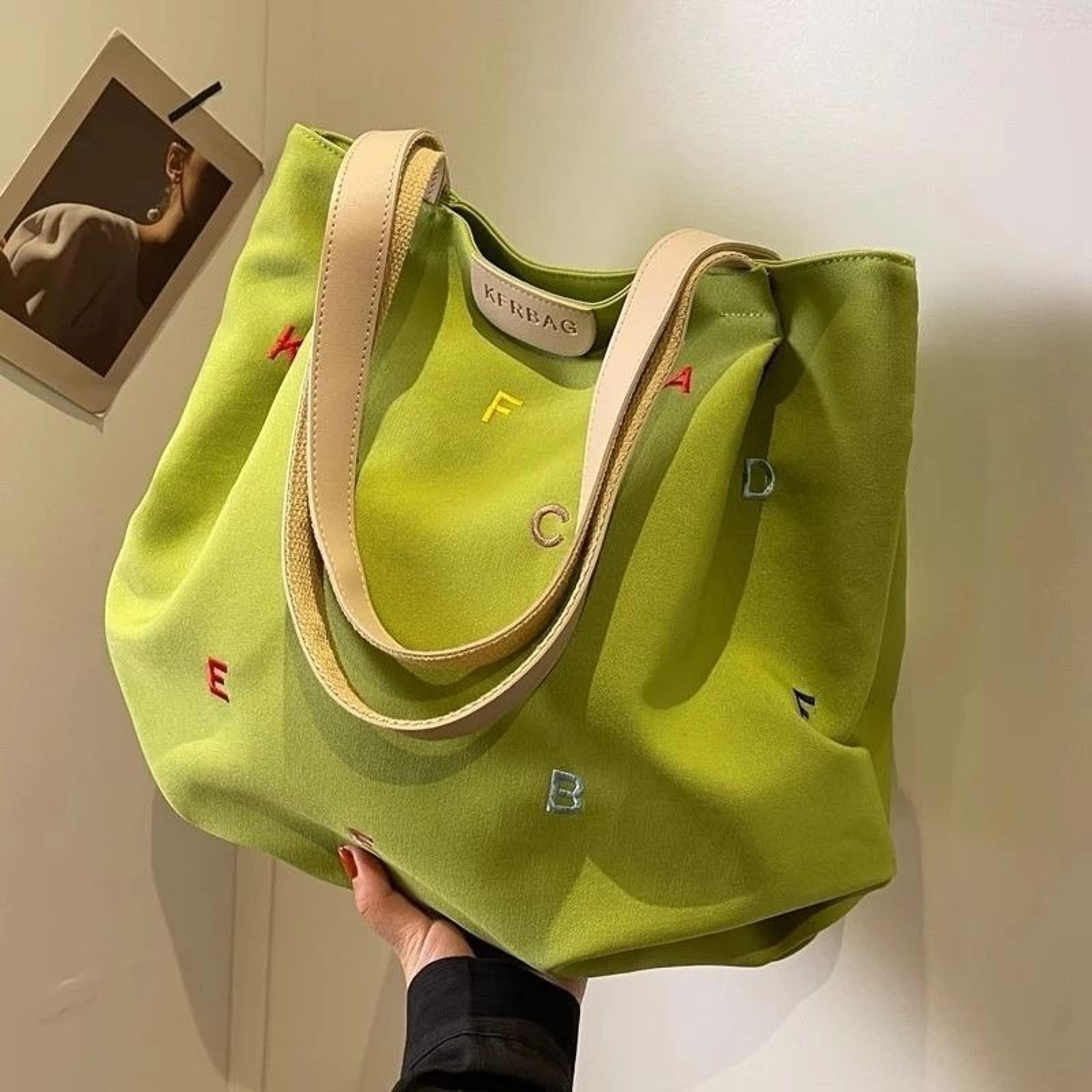 trendy embroidered letter canvas tote bag large capacity shoulder handbag