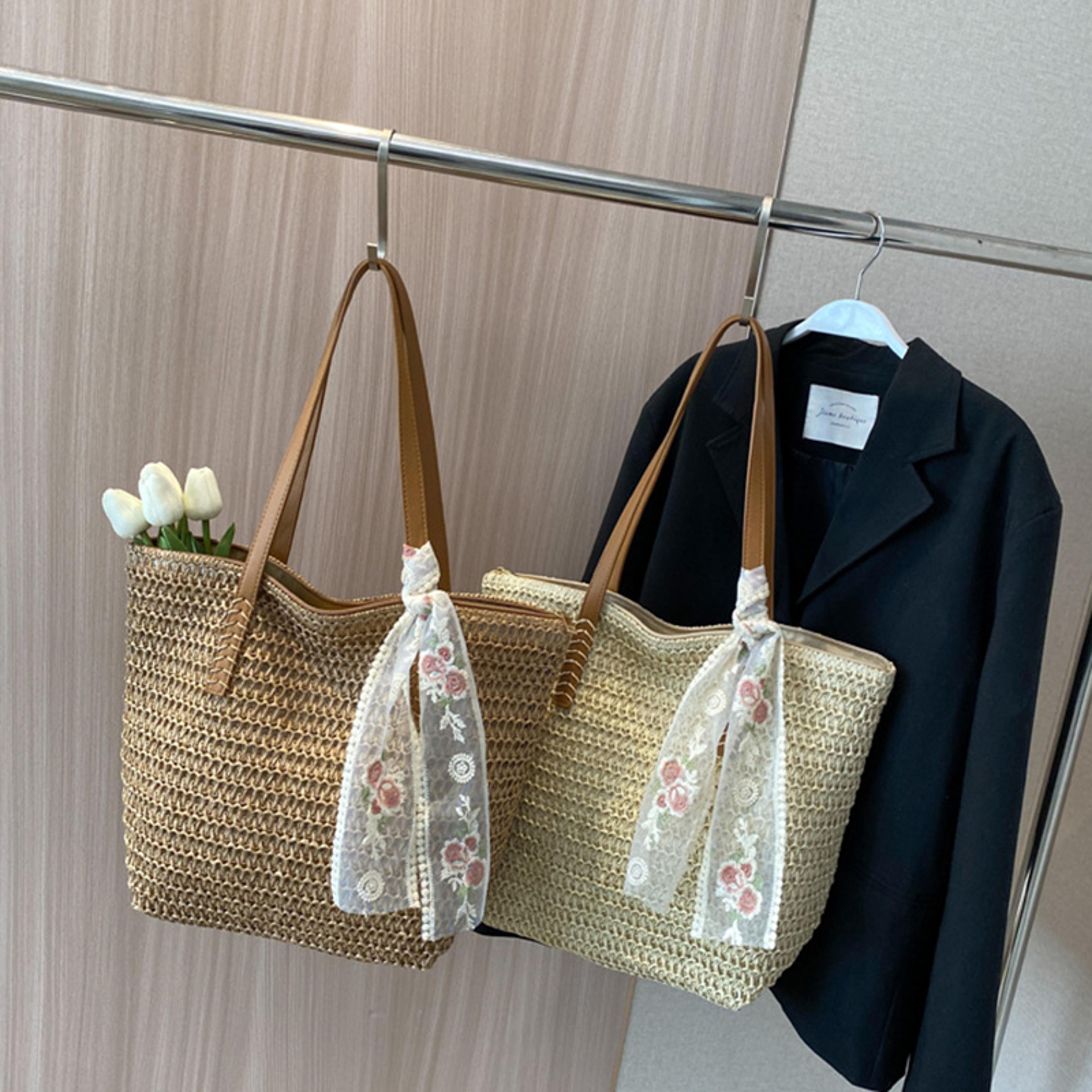 handmade woven straw tote bag for women, large capacity summer beach shoulder bag