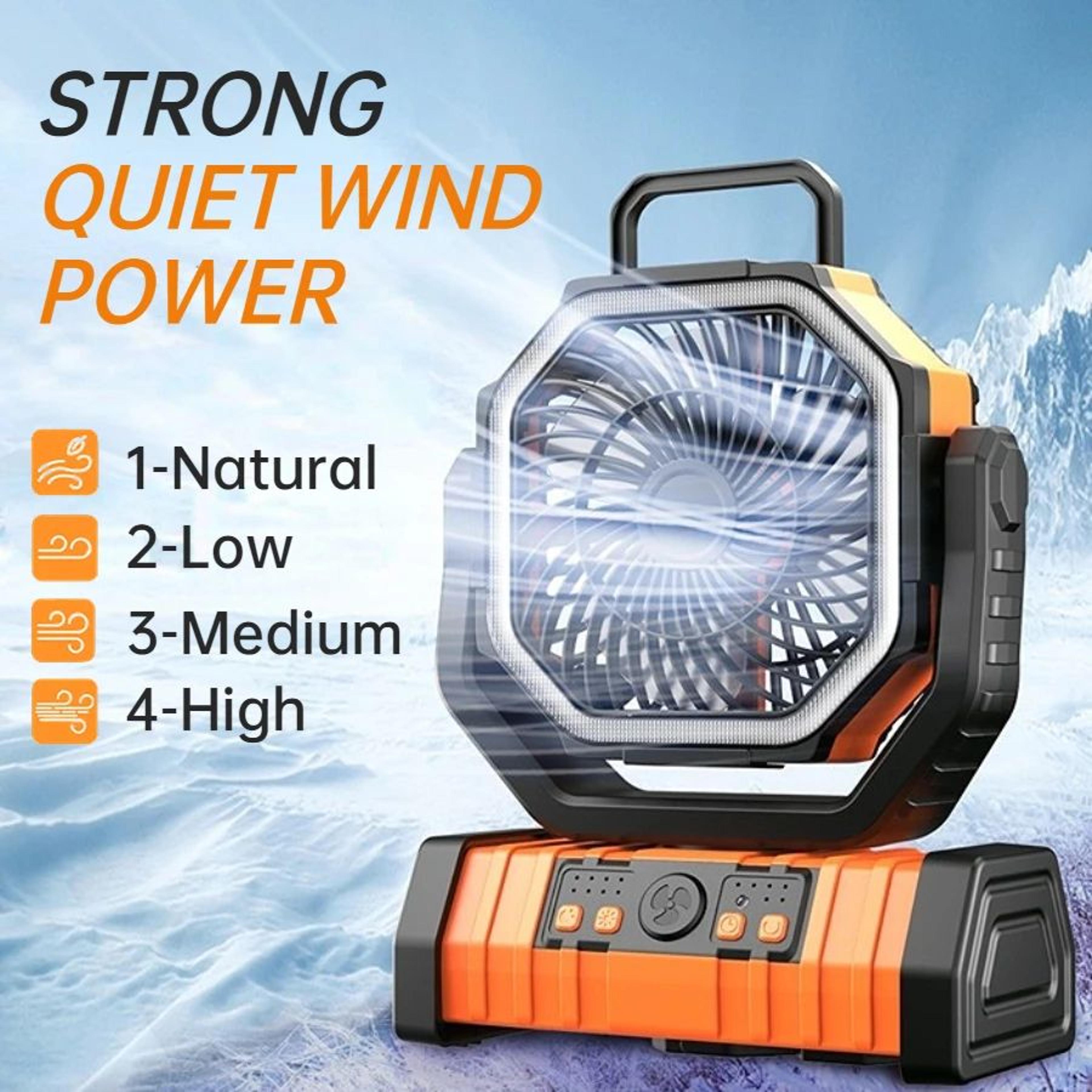 usb rechargeable camping fan, portable air circulator with head rotation & tent hook