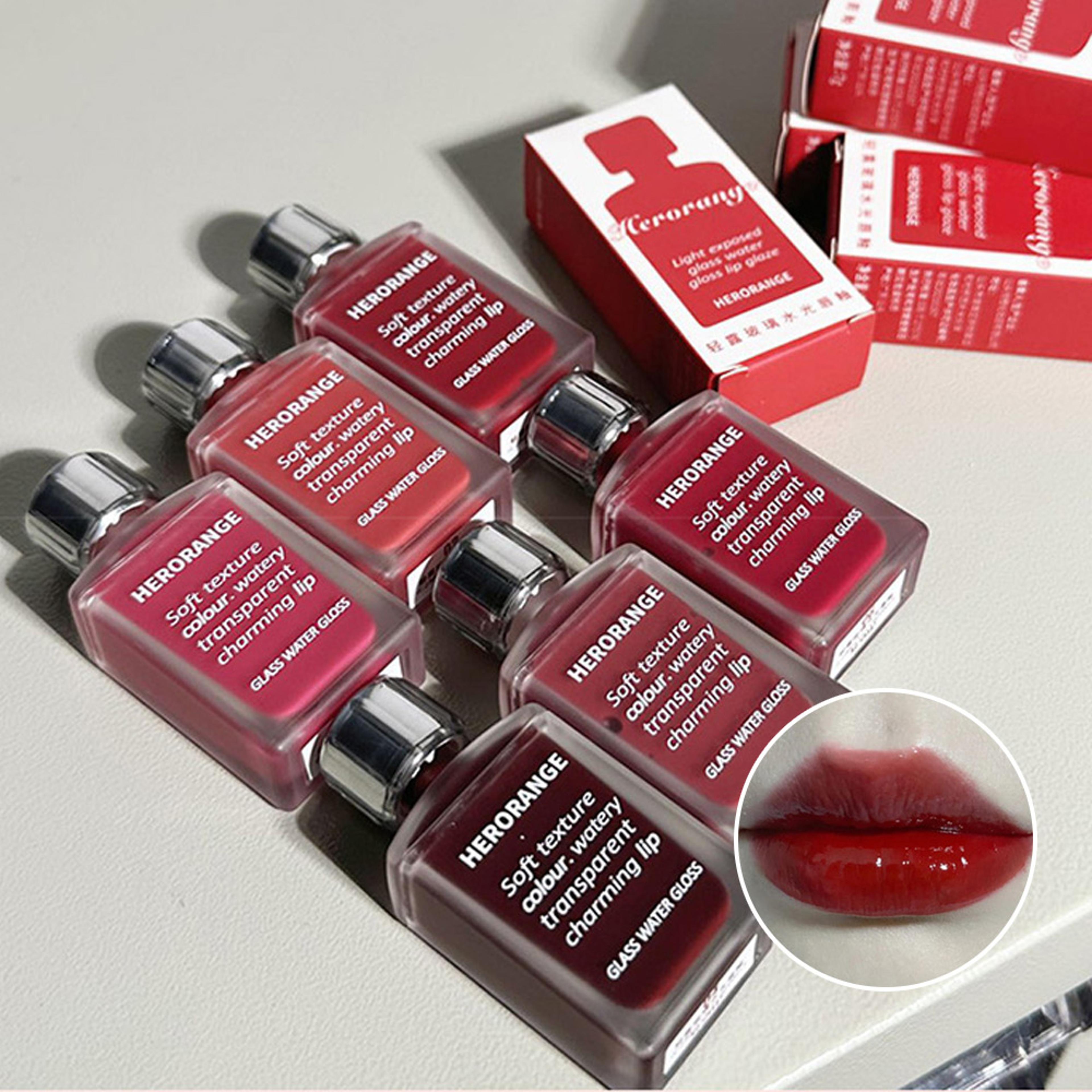 lightly glass water gloss, herorange lip glaze, mirror moisturizing plump lips, long-lasting makeup, no cup sticking