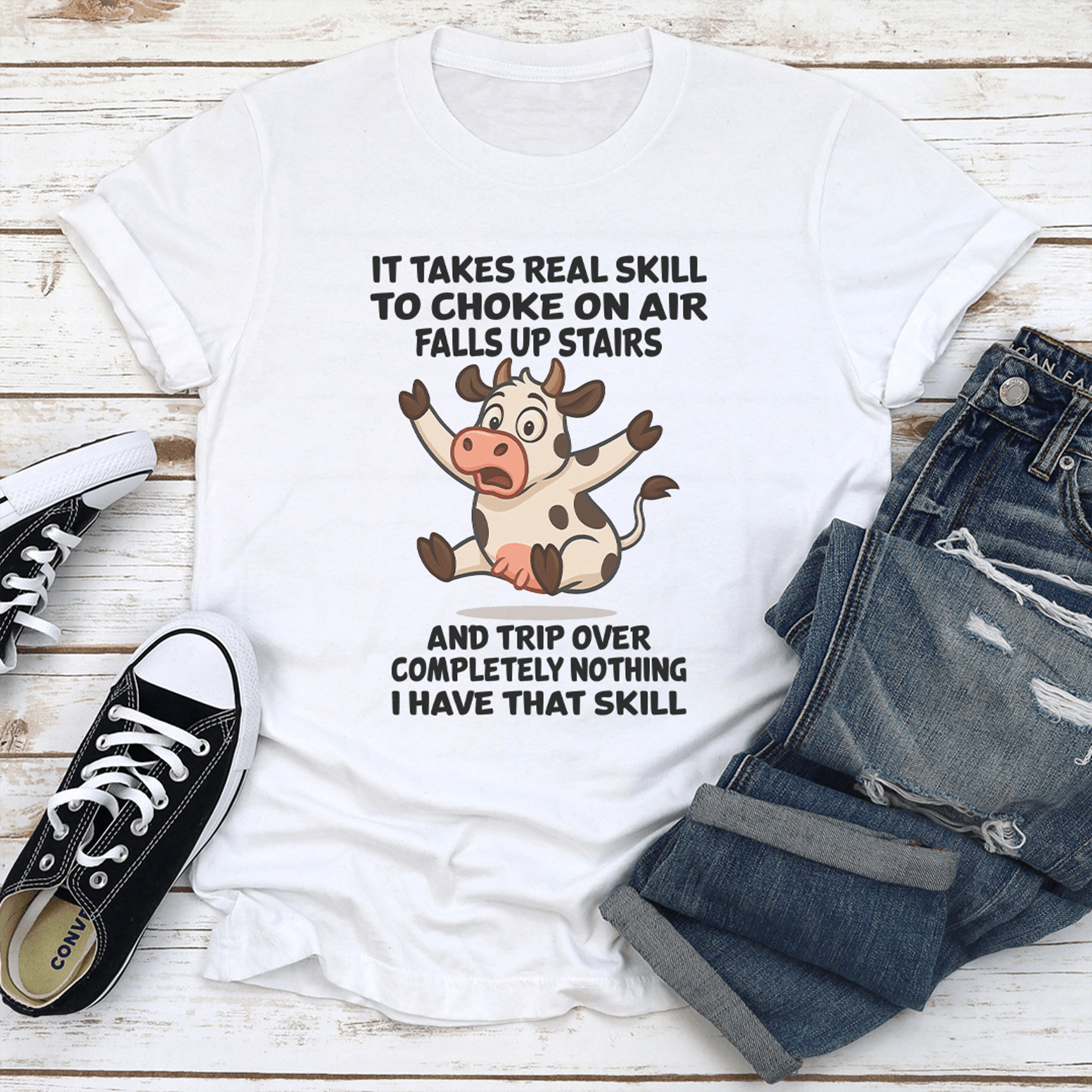 it takes real skill to choke on air falls up stairs tee