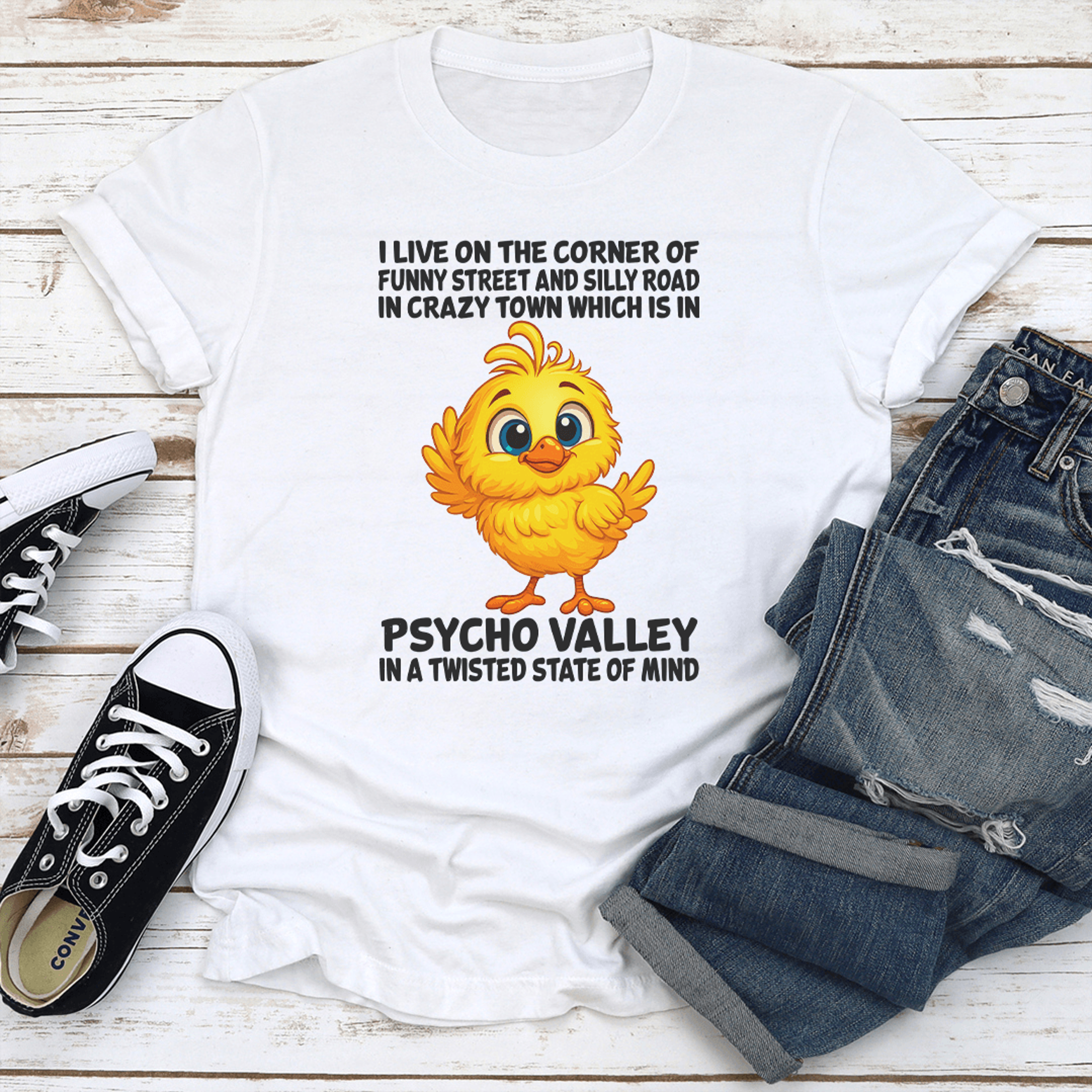 i live on the corner of funny street and silly road in crazy town tee