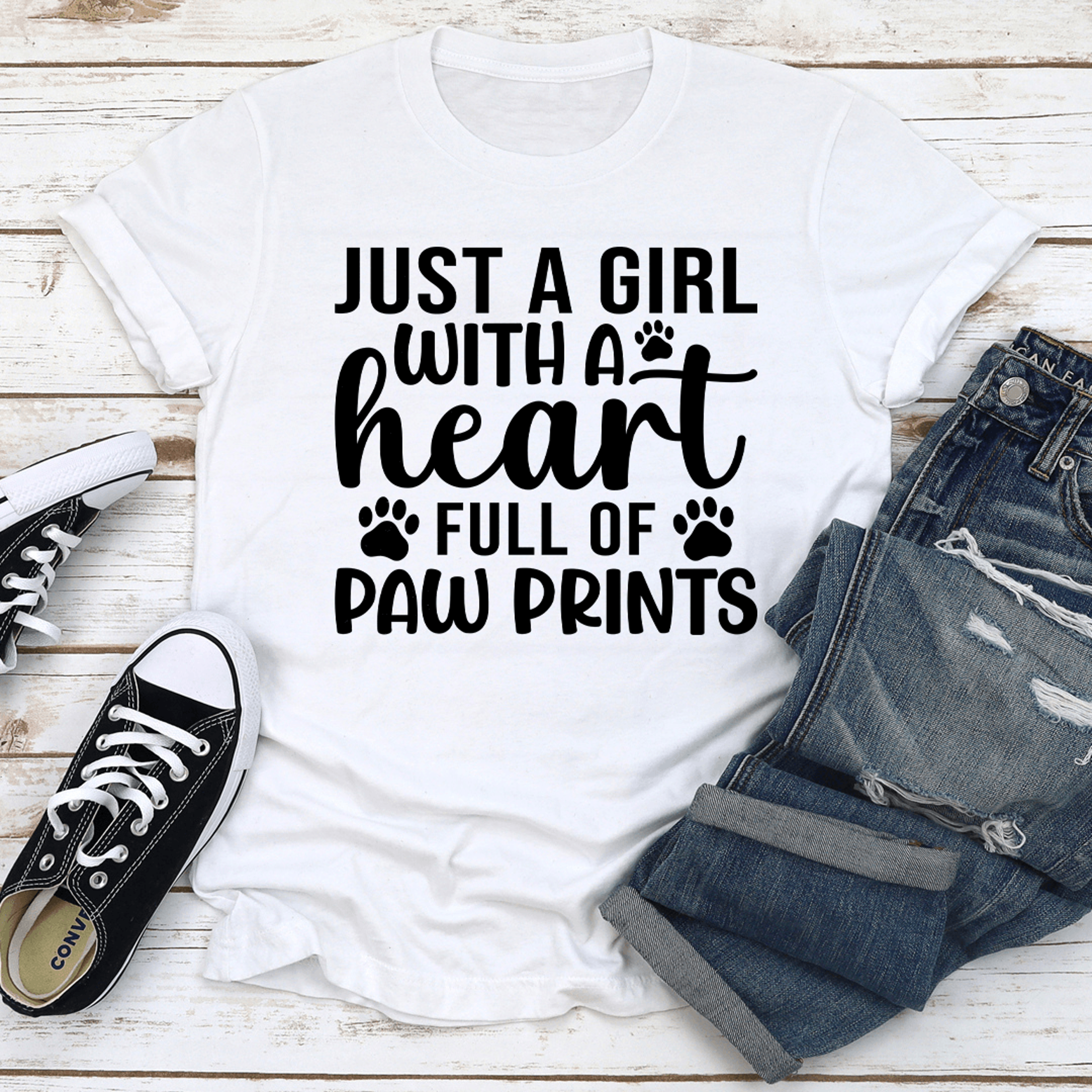 just a girl with a heart full of paw prints tee