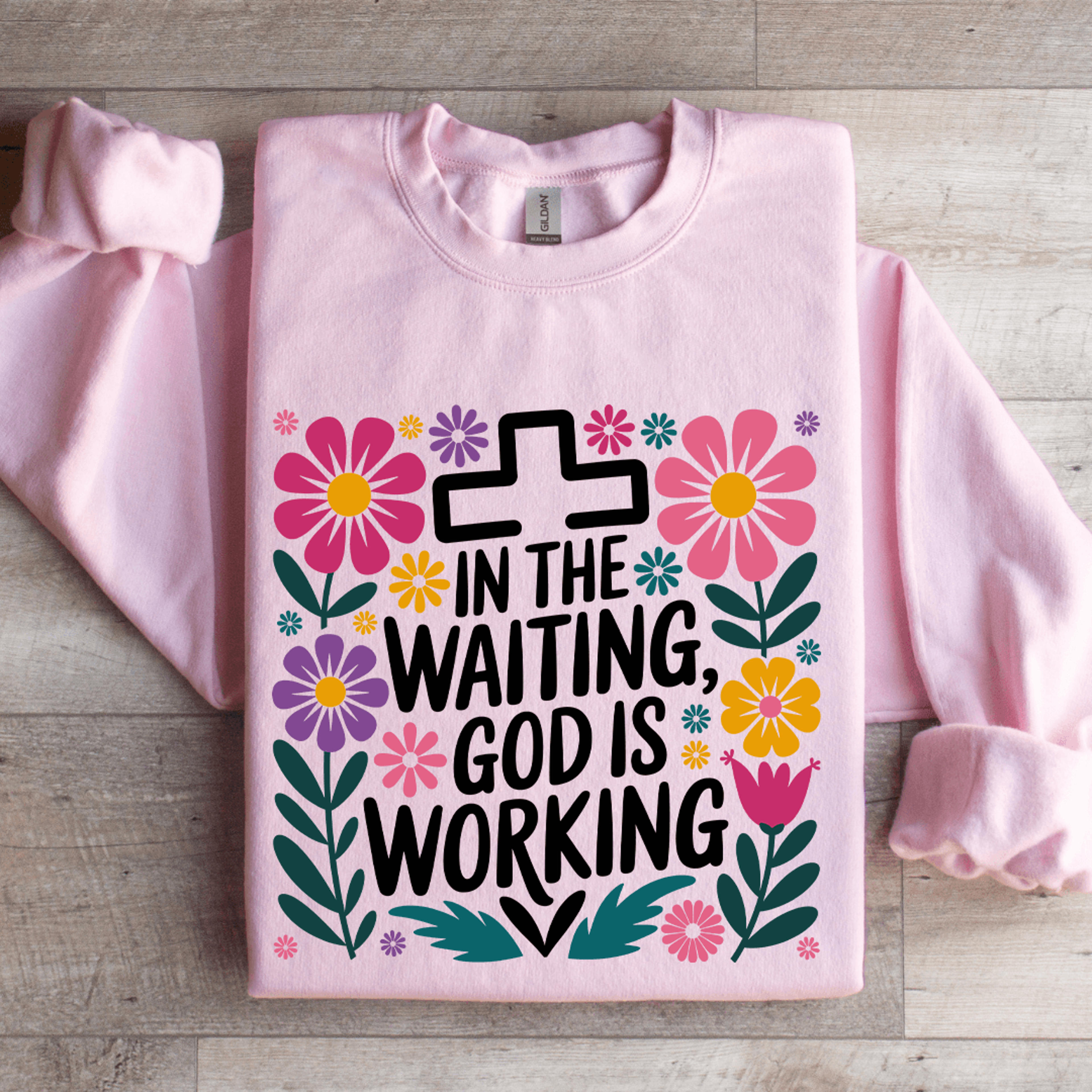 in the waiting god is working sweatshirt