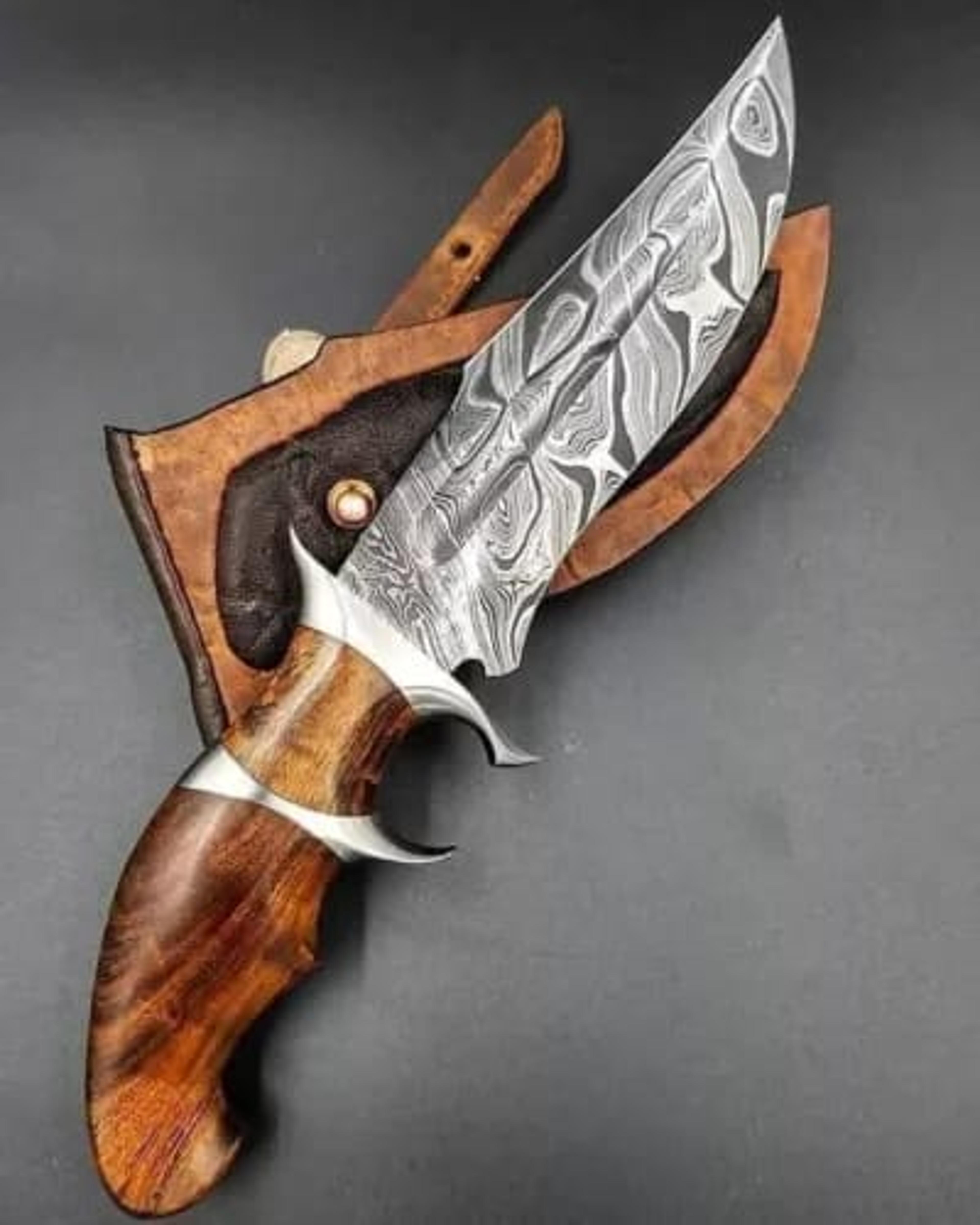 custom handmade damascus steel hunting bowie knife & leather sheath