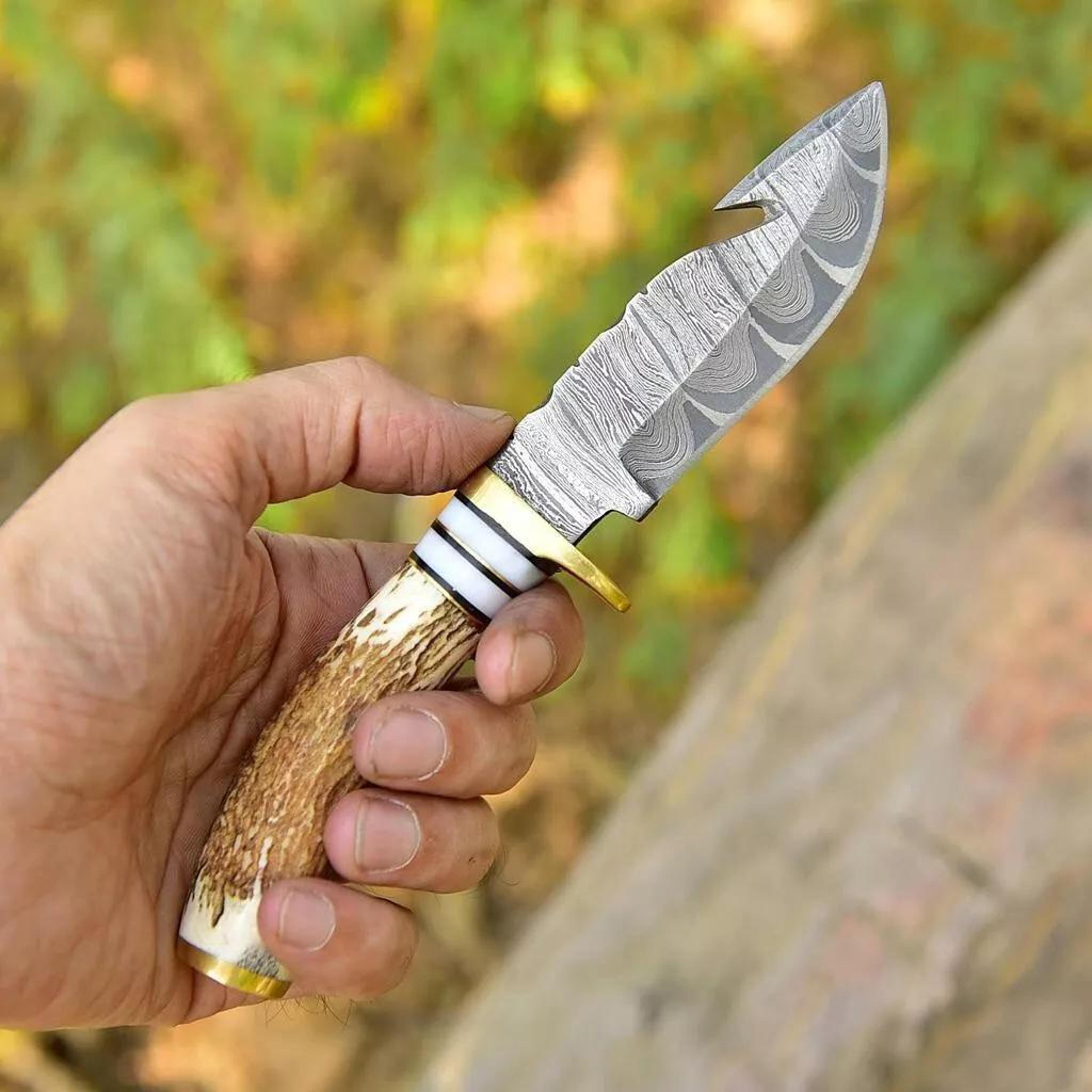 custom handmade damascus hunting skinning knife deer stag antler handle gut hook