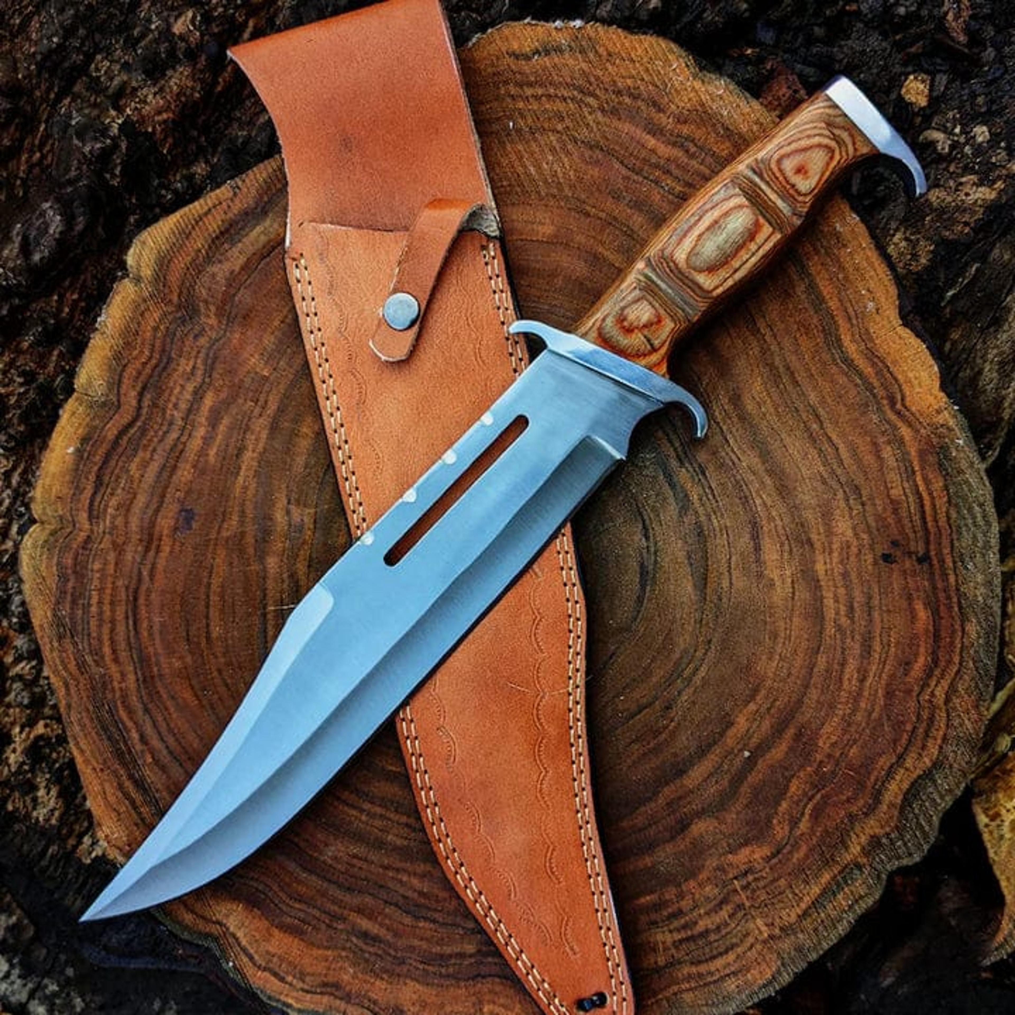 handmade 18" rambo movie replica hunting survival bowie knife | fixed blade knife with leather sheath